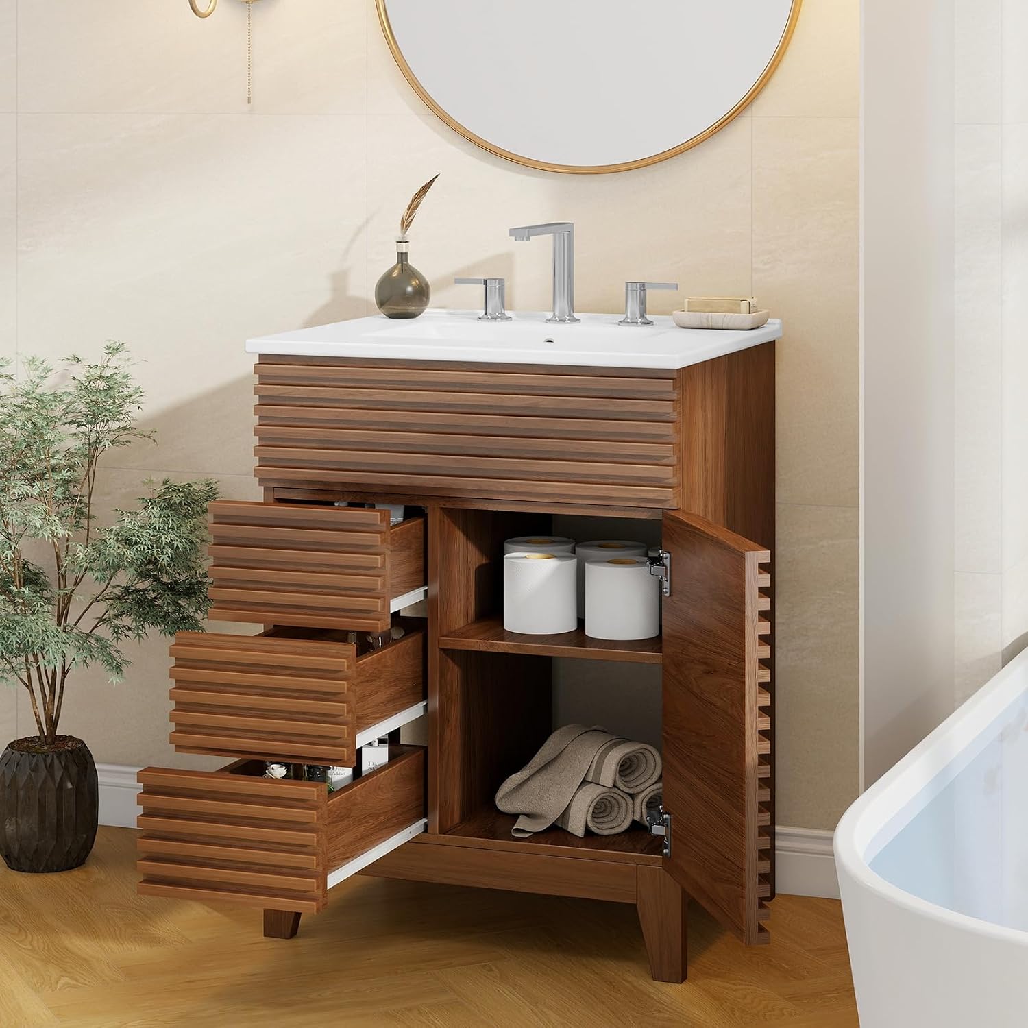 Vabches Bathroom Vanity with Sink Combo, Mid-Century Bathroom Cabinet with 3 Storage Drawers, Freestanding Storage Cabinet with Soft Closing Door, Vintage Sink Vanity with Wood Grain Laminate, Walnut