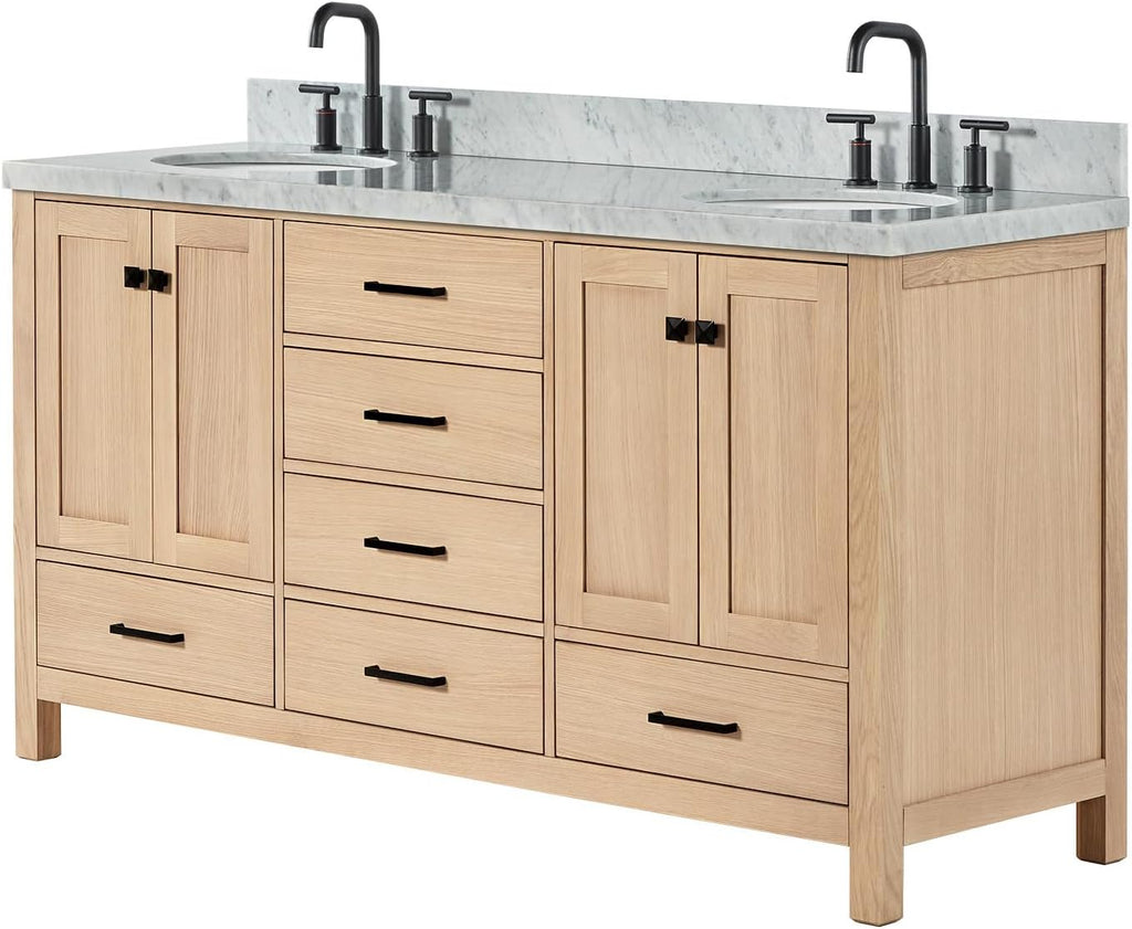 ARIEL Cambridge 66-inch Bathroom Vanity with Sink,Solid Wood, 1.5-inch Italian Carrara Marble Countertop, Double Oval Porcelain Sink, 4 Soft Closing Doors, 6 Dovetail Drawers, White Oak