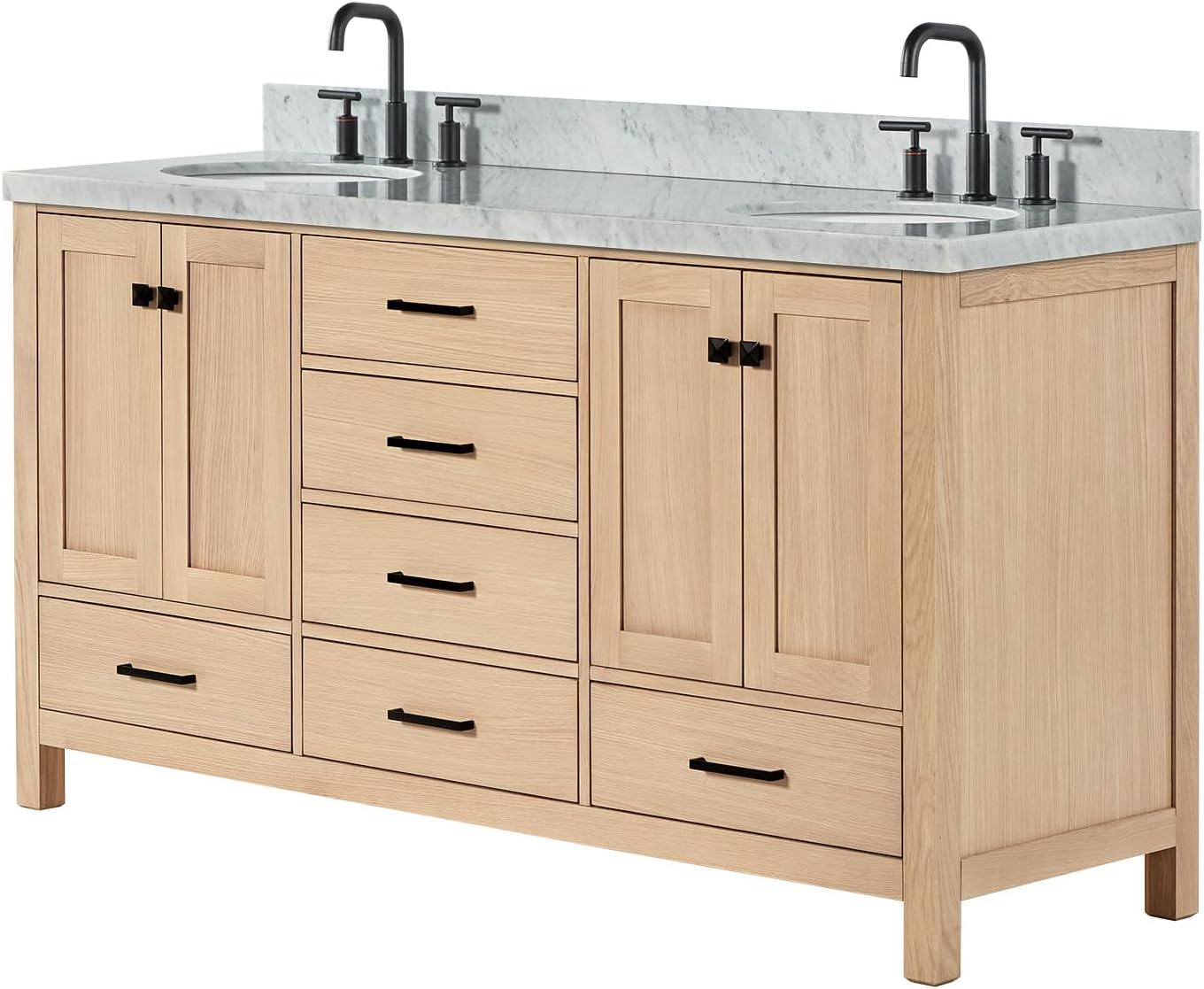 ARIEL Cambridge 66-inch Bathroom Vanity with Sink,Solid Wood, 1.5-inch Italian Carrara Marble Countertop, Double Oval Porcelain Sink, 4 Soft Closing Doors, 6 Dovetail Drawers, White Oak