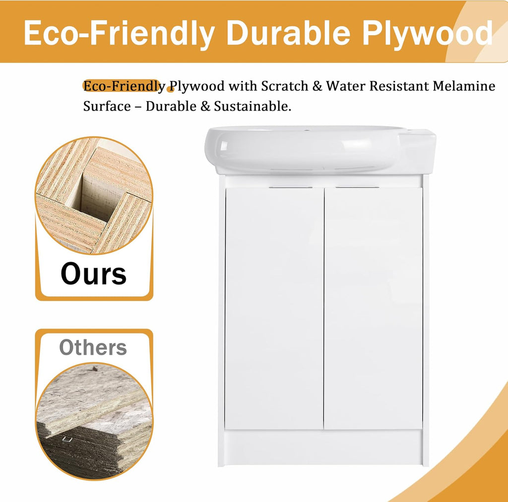 Malwee 23 Inch Freestanding Bathroom Vanity with Sink, 23'' Floor Stand Single Sink Bathroom Vanity Combo, Modern White Cabinet Set with 2 Doors and Ceramics Basin Top, Ajustable Shelf.MA02923GWH