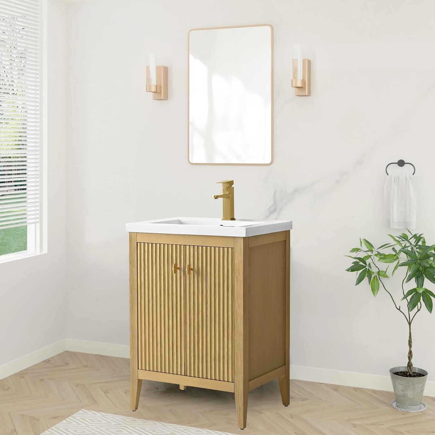 HOMEBEYOND 24' Bathroom Vanity with Ceramic Sink, Solid Wood Free-Standing Vanities Cabinet, Ceramic Top, Golden Brushed Handware & Soft Closing Door, Natural Oak