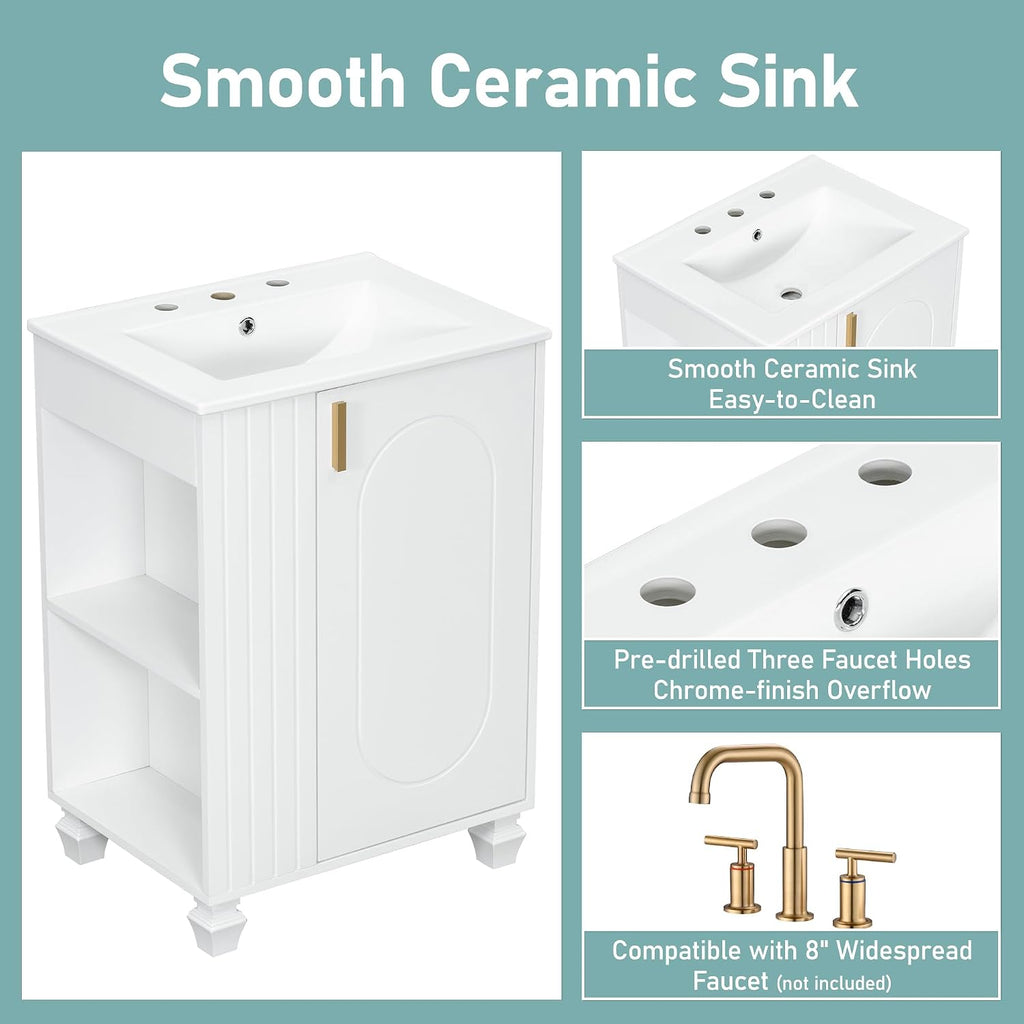 24-inch Bathroom Vanity with Sink Combo, Free-Standing Single Storage Cabinet with Door Shelf, Side Open Storage, and Cabinet, Vanity with Ceramic Basin for Bathroom (White)