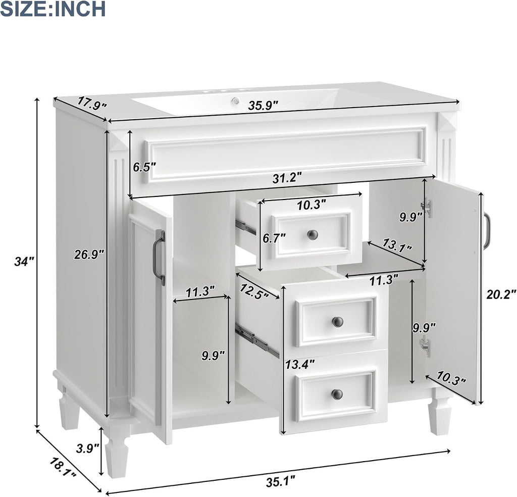 Merax 36' Bathroom Vanities with Single Sink, Modern Undermount Bathroom Sink Cabinet with 3 Closing Doors & 2 Full Extension Dovetail Drawers