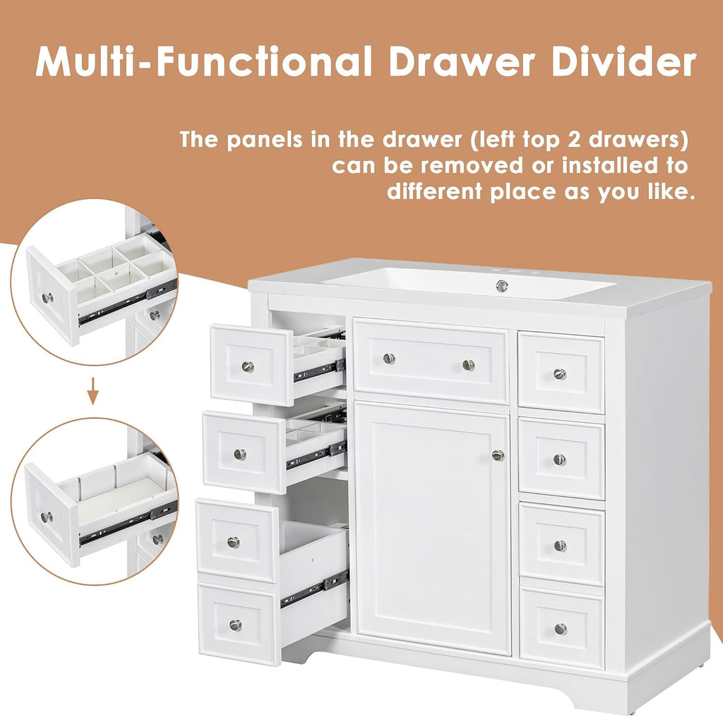 Bellemave 36' Bathroom Vanity with Basin Sink, Single Vanity Set, Vanity and Basin Sink Combo with One Cabinet and Six Drawers for Bathroom, No Mirror (White)
