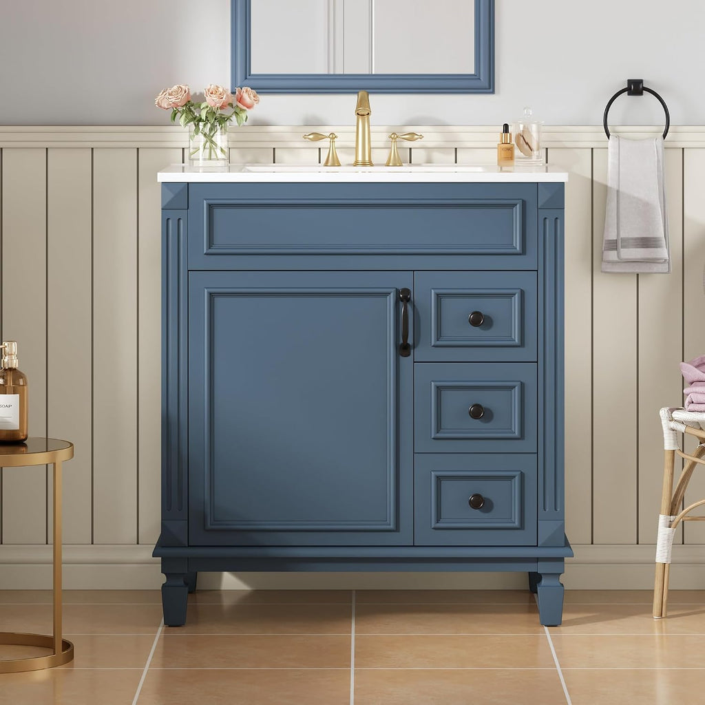 30 Inch Blue-Grey Bathroom Vanity with Sink,Modern Bathroom Vanity with 2 Right Hand Drawers & Adjustable Shelf,Soft Closing Doors & Black Handles,Solid Wood Frame,French Embossed Front