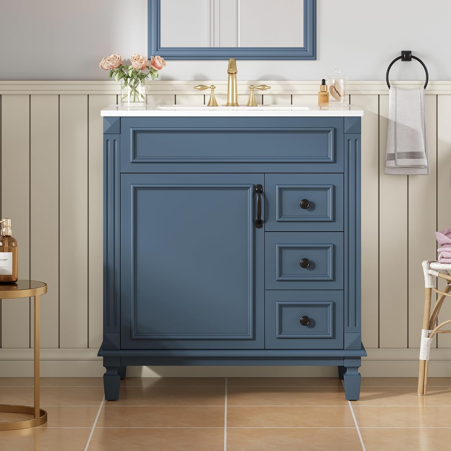 30 Inch Blue-Grey Bathroom Vanity with Sink,Modern Bathroom Vanity with 2 Right Hand Drawers & Adjustable Shelf,Soft Closing Doors & Black Handles,Solid Wood Frame,French Embossed Front