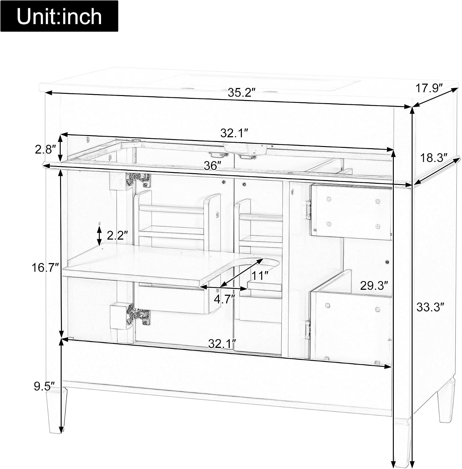 36' Bathroom Vanity Cabinet with Ceramic Countertop Sink Combo Set, Solid Wood Frame, Tilt-Out Drawers and Left Side Drawers, Soft Closing Door Hinges, Modern Style, Green