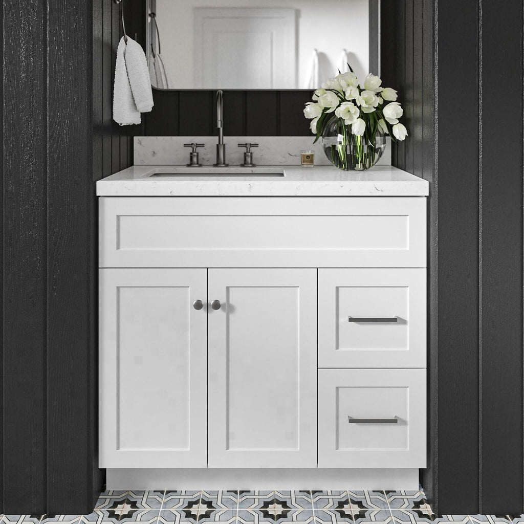 DKB Bradford 36' White Single Bathroom Vanity with Rectangular Undermount Sink, 1.5' Carrara Quartz Countertop, 2 Soft-Closing Doors, 2 Dovetail Drawers