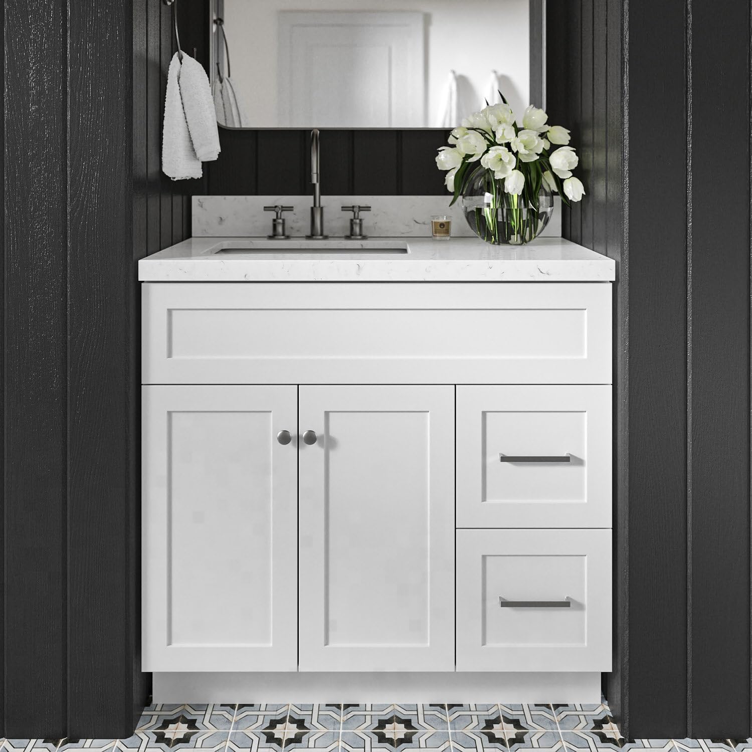 DKB Bradford 36' White Single Bathroom Vanity with Rectangular Undermount Sink, 1.5' Carrara Quartz Countertop, 2 Soft-Closing Doors, 2 Dovetail Drawers