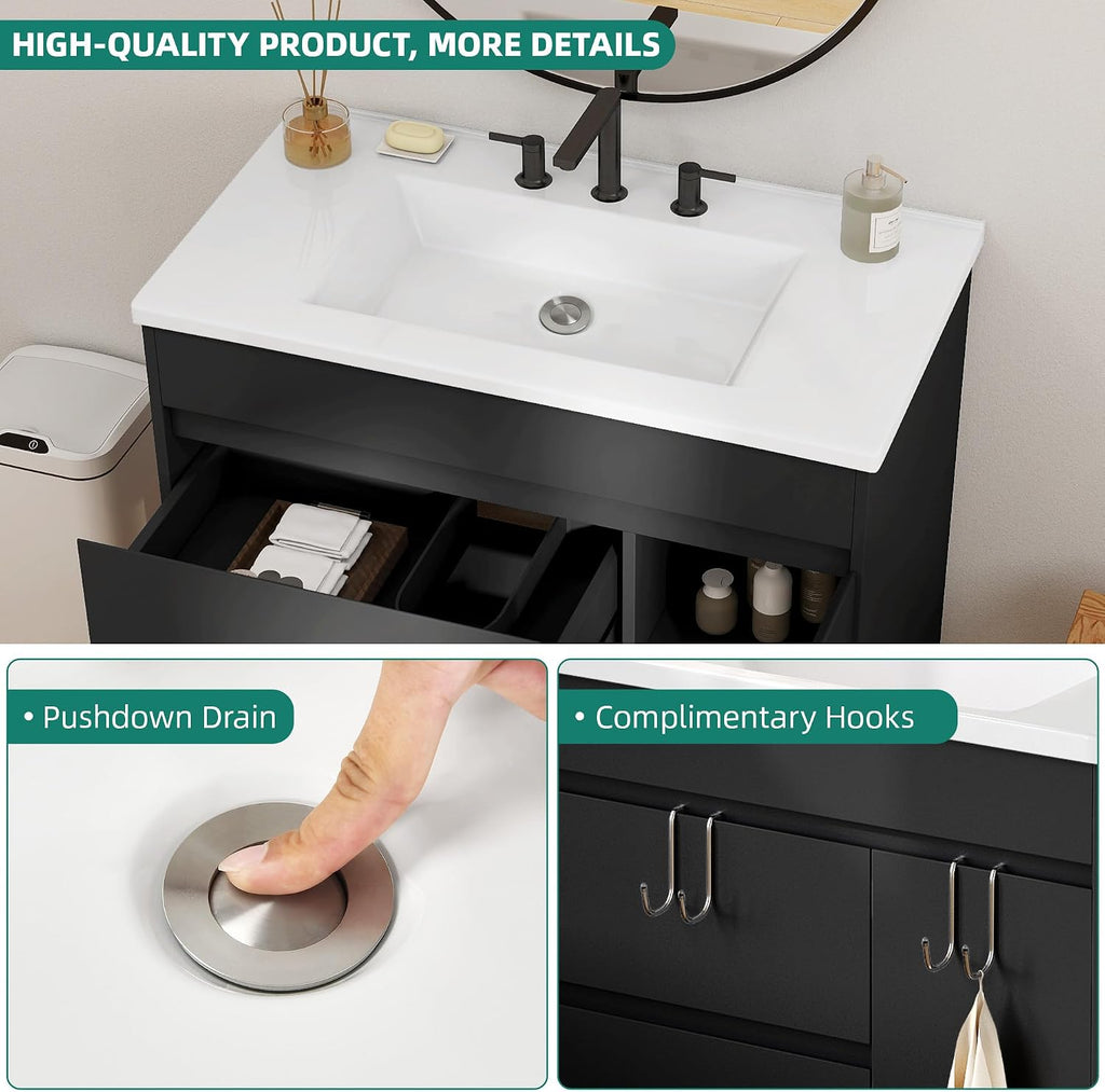YITAHOME 36 Inch Bathroom Vanity with Sink, Bathroom Cabinet Vanity for Media Space, Freestanding Storage Bathroom Vanity with 1 Soft Closing Cabinet & 2 Drawers