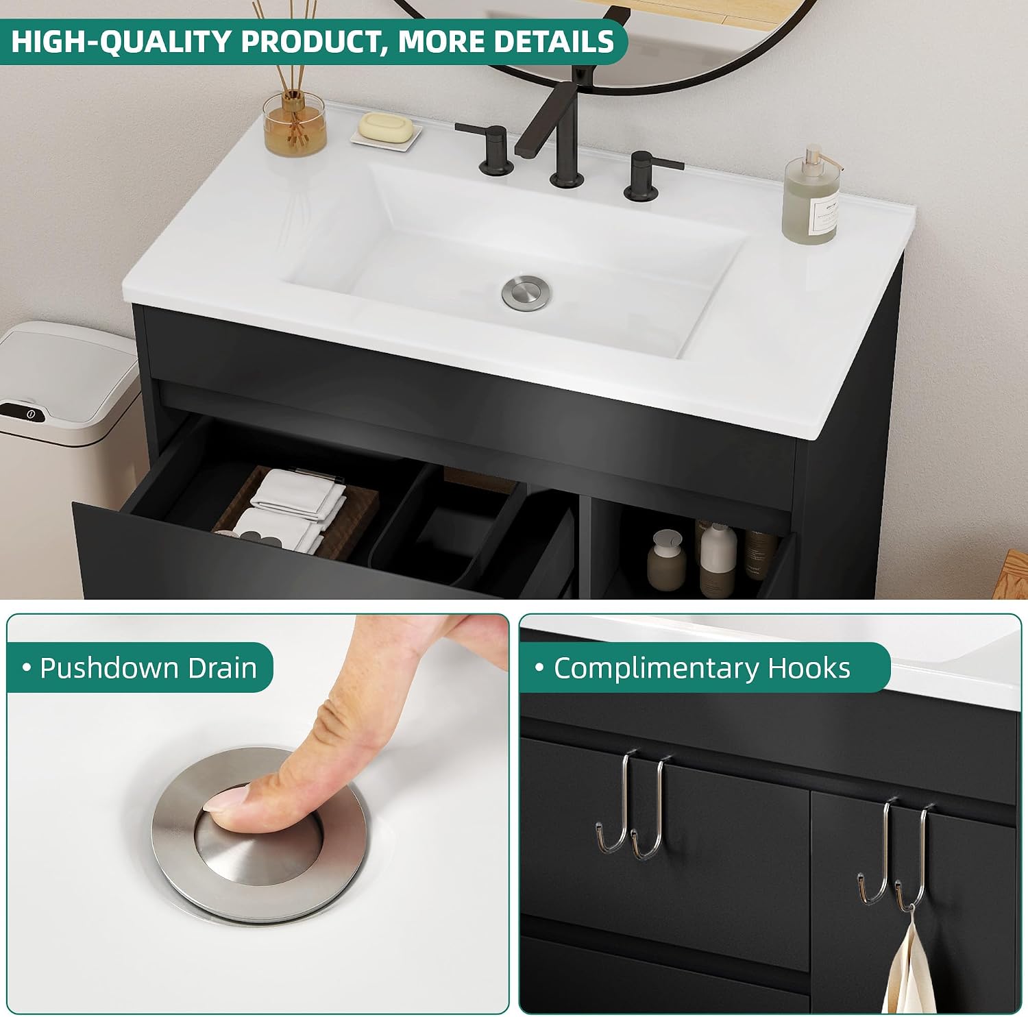 YITAHOME 36 Inch Bathroom Vanity with Sink, Bathroom Cabinet Vanity for Media Space, Freestanding Storage Bathroom Vanity with 1 Soft Closing Cabinet & 2 Drawers