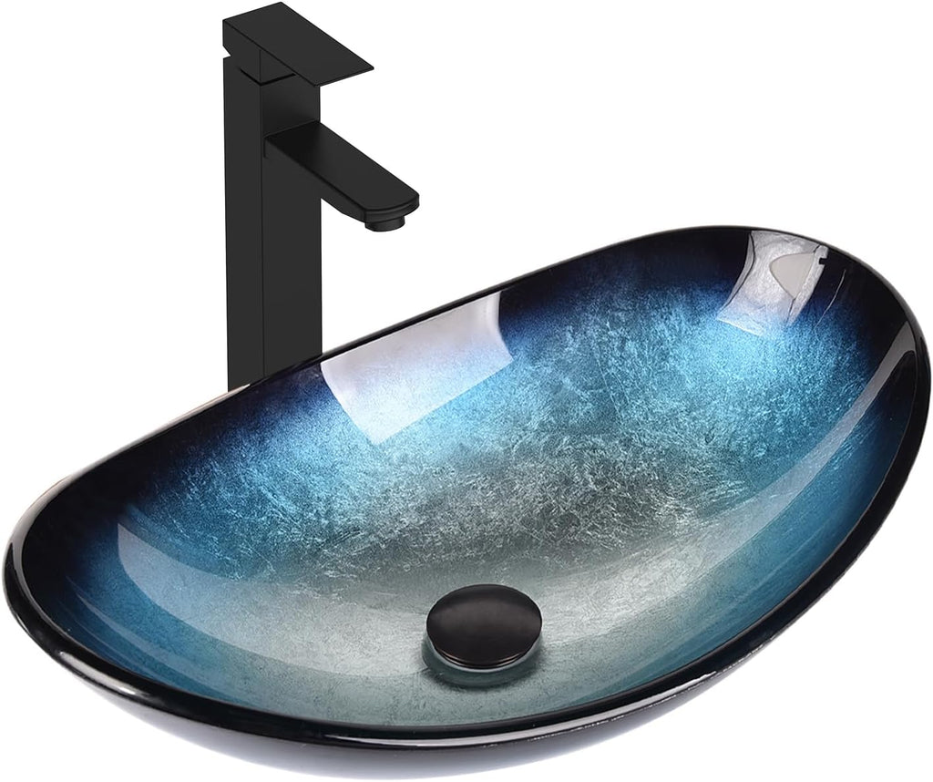 36 Inch Black Floating Bathroom Vanity with 2-Doors and 1-Drawer, Modern Wall Mounted Cabinet with Blue Boat Vessel Sink Top