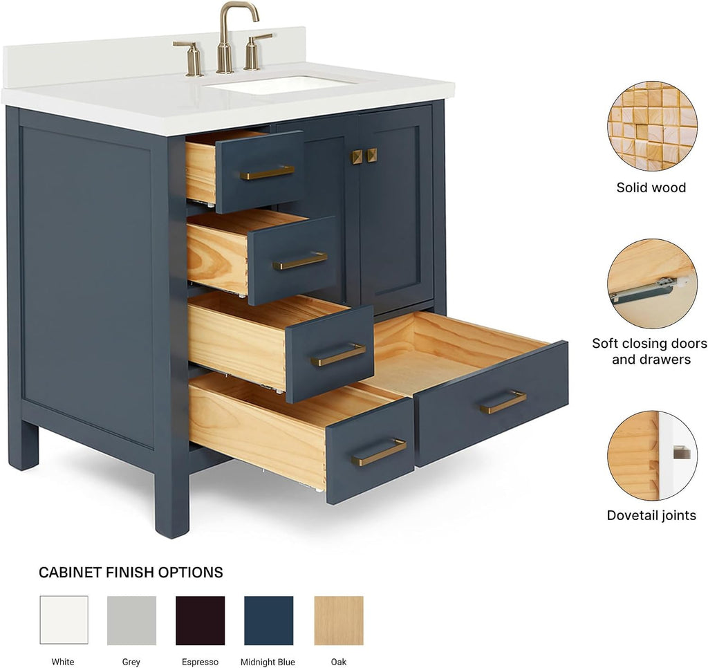 ARIEL Cambridge 36-inch Bathroom Vanity with Sink,Solid Wood, 1.5-inch Pure White Quartz Countertop, Single Rectangular Porcelain Sink, 2 Soft Closing Doors, 5 Dovetail Drawers, Midnight Blue
