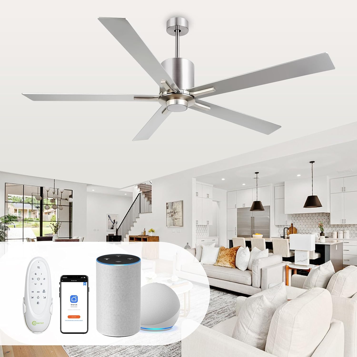 OFANTOP Modern Silver 72 Inch Large Ceiling Fans with Lights and Remote, Quiet Reversible DC Motor for Patio Living Room, 6 Speed