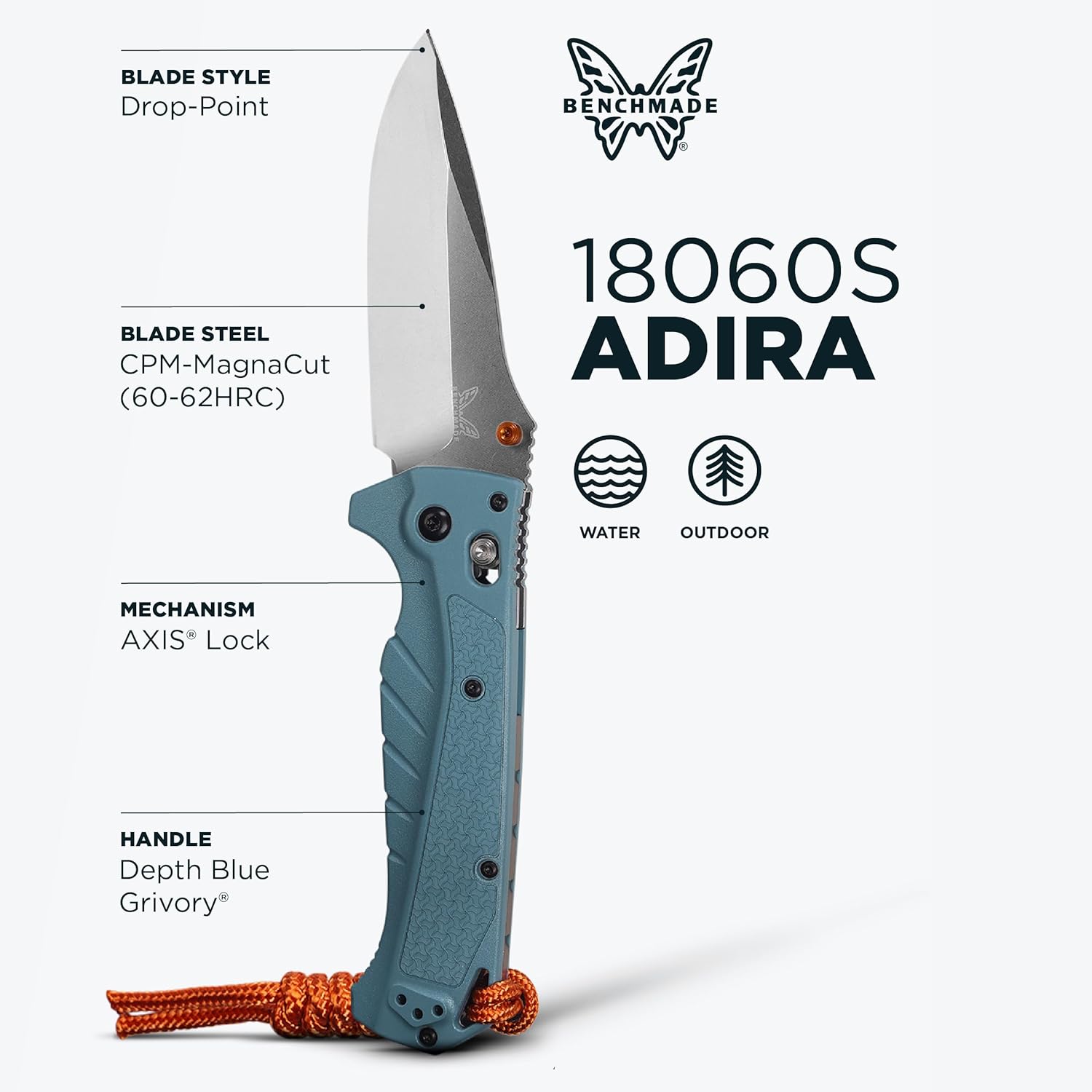 Benchmade - Adira Outdoor, Water, Fishing Knife, Plain Edge with Depth Blue Grivory Handle (18060)