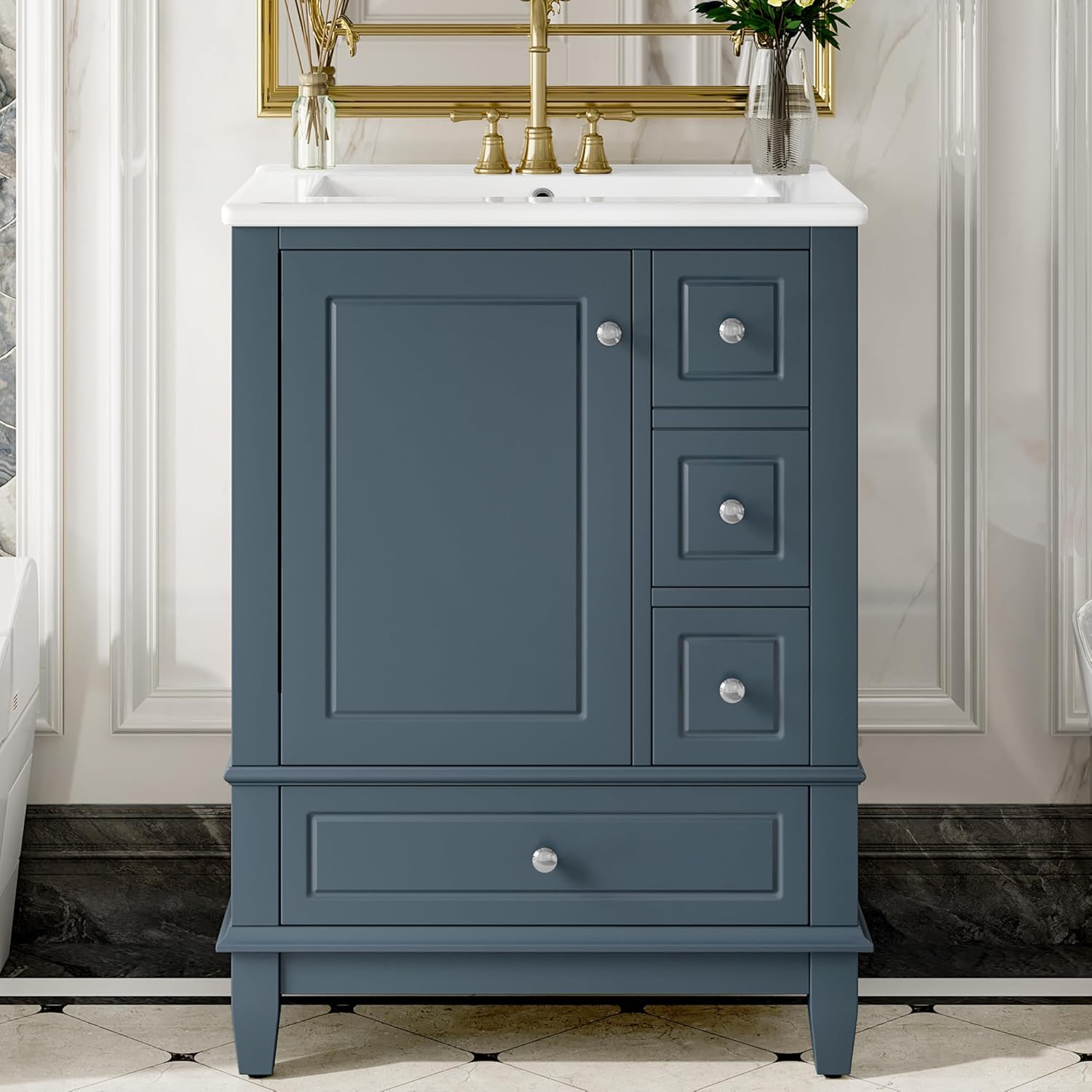 Mirightone 24' Vanity with Sink, Small Bathroom Vanities 24 Inch with Sink, Single Sink Bathroom Vanity with Door Shelf and Three Drawers, Restroom Vanity with Sink Top (Blue)