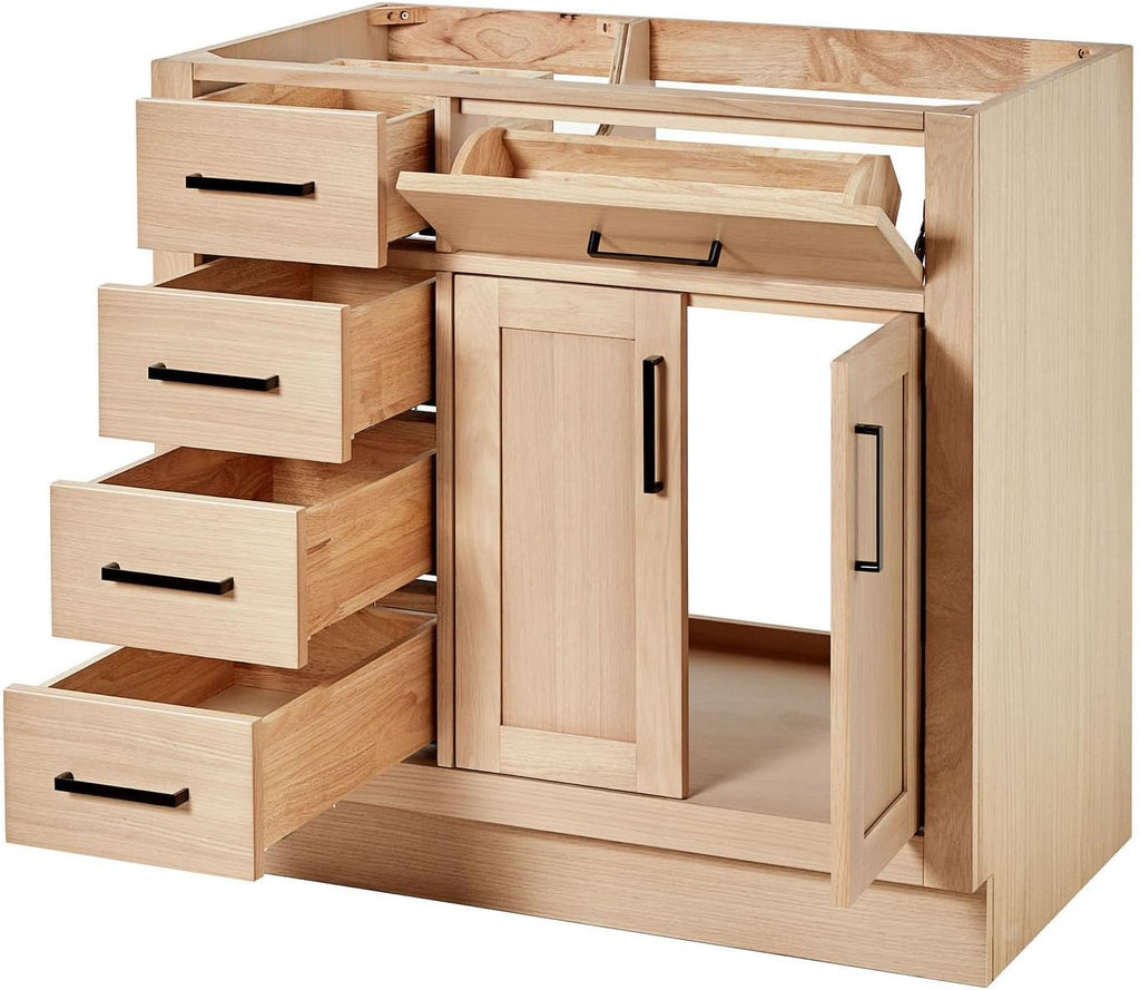 ARIEL Hepburn 36-inch Bathroom Vanity Base Cabinet,Solid Wood, 2 Soft Closing Doors, 5 Dovetail Drawers, White Oak