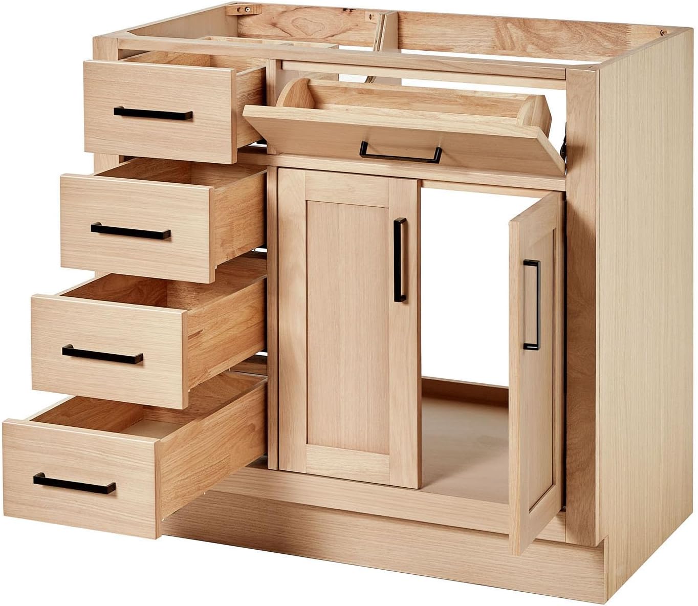 ARIEL Hepburn 36-inch Bathroom Vanity Base Cabinet,Solid Wood, 2 Soft Closing Doors, 5 Dovetail Drawers, White Oak