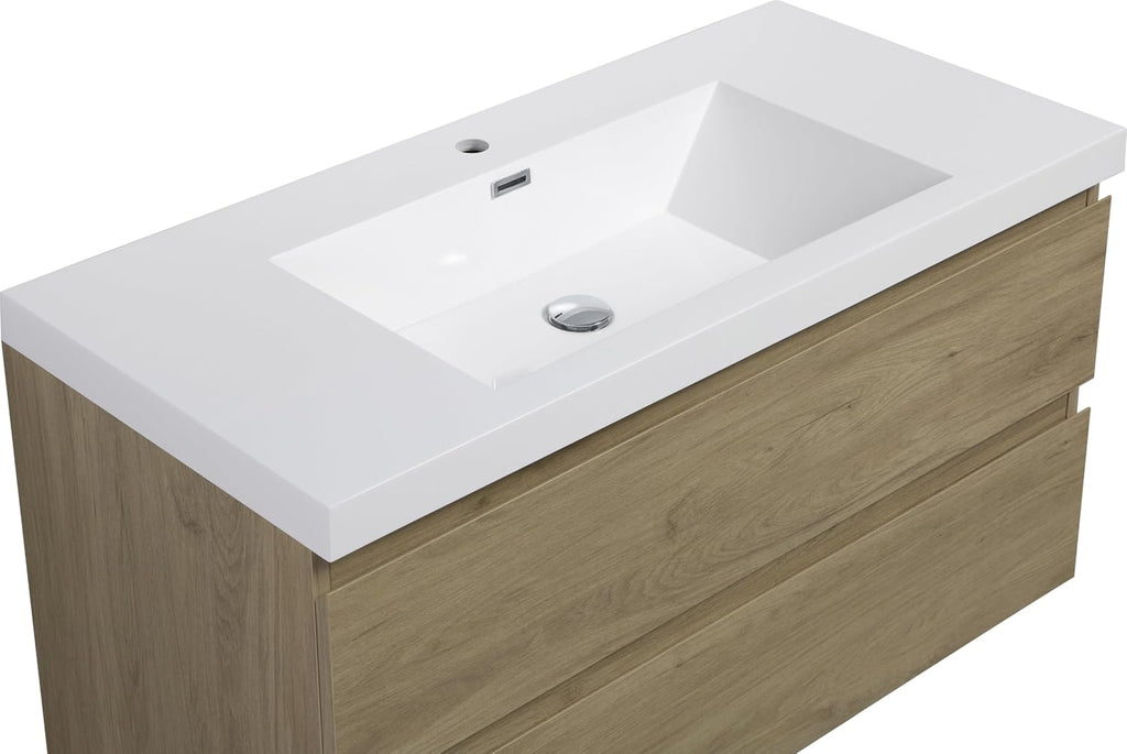42' Floating Bathroom Vanity with Sink, Modern Wall Mounted Bathroom Storage Vanity Cabinet with Resin Top Basin and Soft Close Drawers, Natural Oak 24V11 42NO