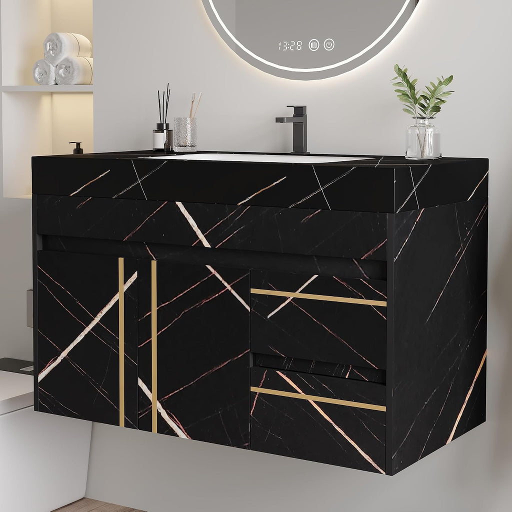 36' Bathroom Vanity with Sink Set, Modern Black Wall Mounted Bathroom Vanity Cabinet with Faux Marble Countertop,Gold Handle 2 Drawers & 1 Cabinet, Single Sink Floating Bathroom Vanity