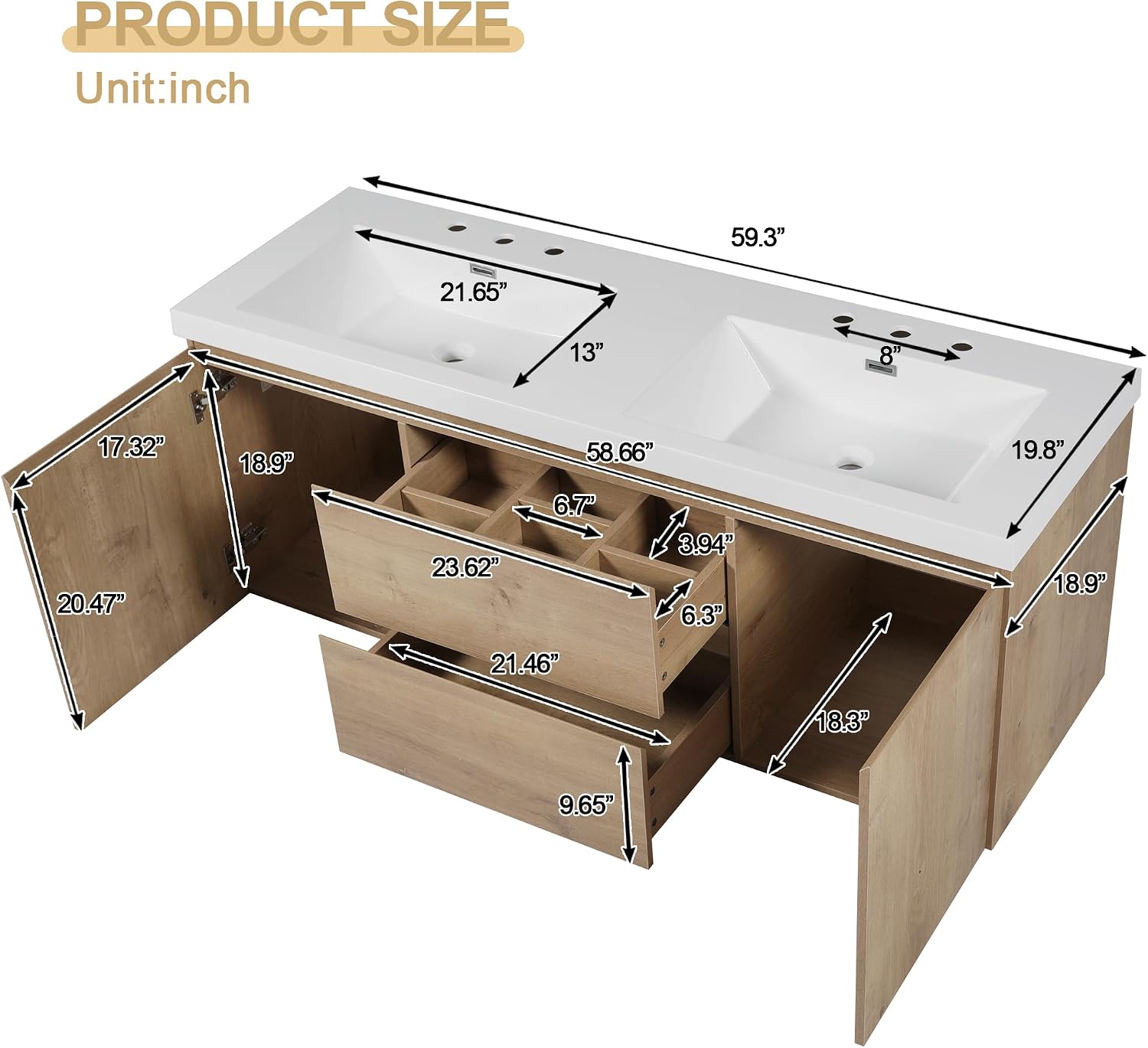 60'' Floating Bathroom Vanity with Sink, Wall-Mounted Cabinet with Drawer & Doors, SMC Resin Top Undermount Basin, Soft-Close, No Handle for Large Bathrooms