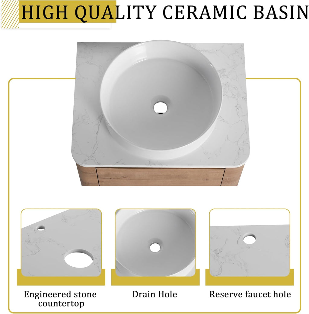 36 Inch Wall-Mounted Bathroom Vanity with Sink Combo Modern Floating Bathroom Vanitites with Round Ceramic Vessel Sink 36' Bathroom Sink Cabinet with Marble Counter Top & 1 Side Storage Shelf