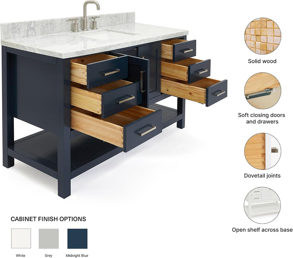 ARIEL Magnolia 54-inch Bathroom Vanity with Sink,Solid Wood, 1.5-inch Italian Carrara Marble Countertop, Single Rectangular Porcelain Sink, 2 Soft Closing Doors, 6 Dovetail Drawers, Midnight Blue