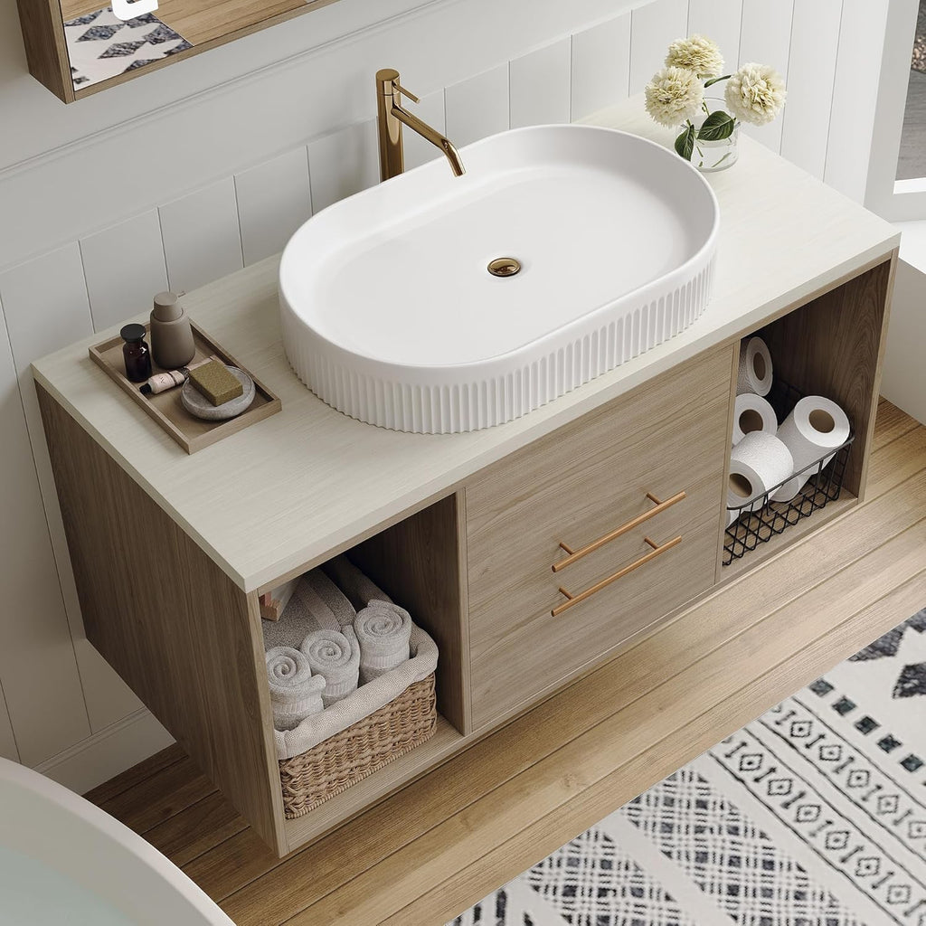 40 Inch Modern Bathroom Vanity Floating Bathroom Vanities with Above-Ground Oval Sink 40' Wall Mounted Bathroom Sink Cabinet with 2 Drawers&2 Open Shelves&Gold Metal Handle, Oak