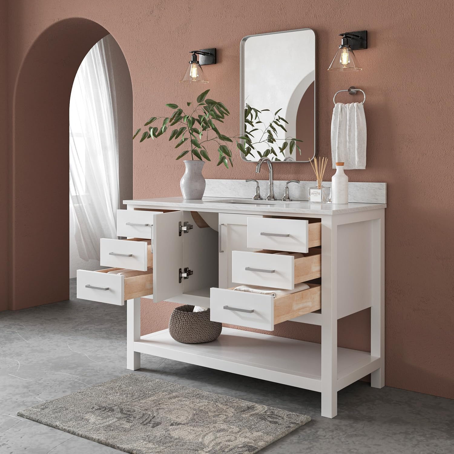 ARIEL Magnolia 48-inch Bathroom Vanity with Sink,Solid Wood, 0.75-inch Italian Carrara Marble Countertop, Single Rectangular Porcelain Sink, 2 Soft Closing Doors, 6 Dovetail Drawers, White