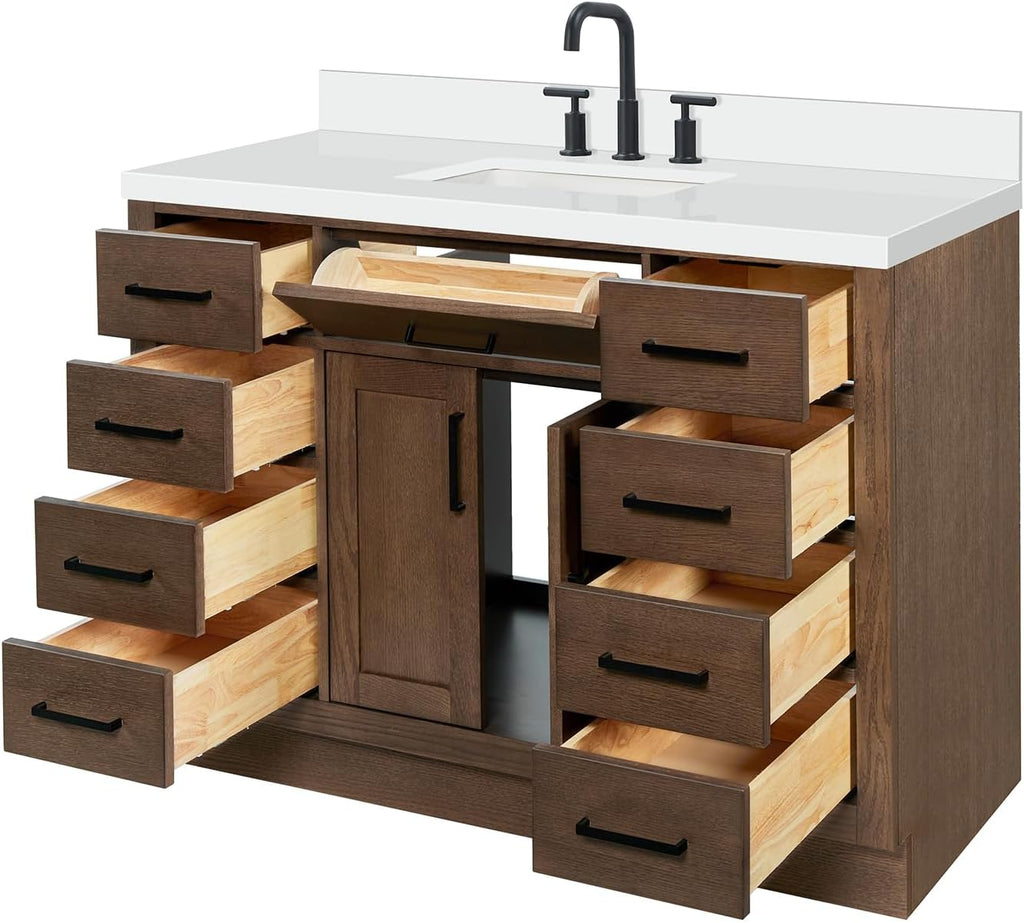 ARIEL Hepburn 48-inch Bathroom Vanity with Sink,Solid Wood, 1.5-inch Pure White Quartz Countertop, Single Rectangular Porcelain Sink, 2 Soft Closing Doors, 9 Dovetail Drawers, Brown Oak