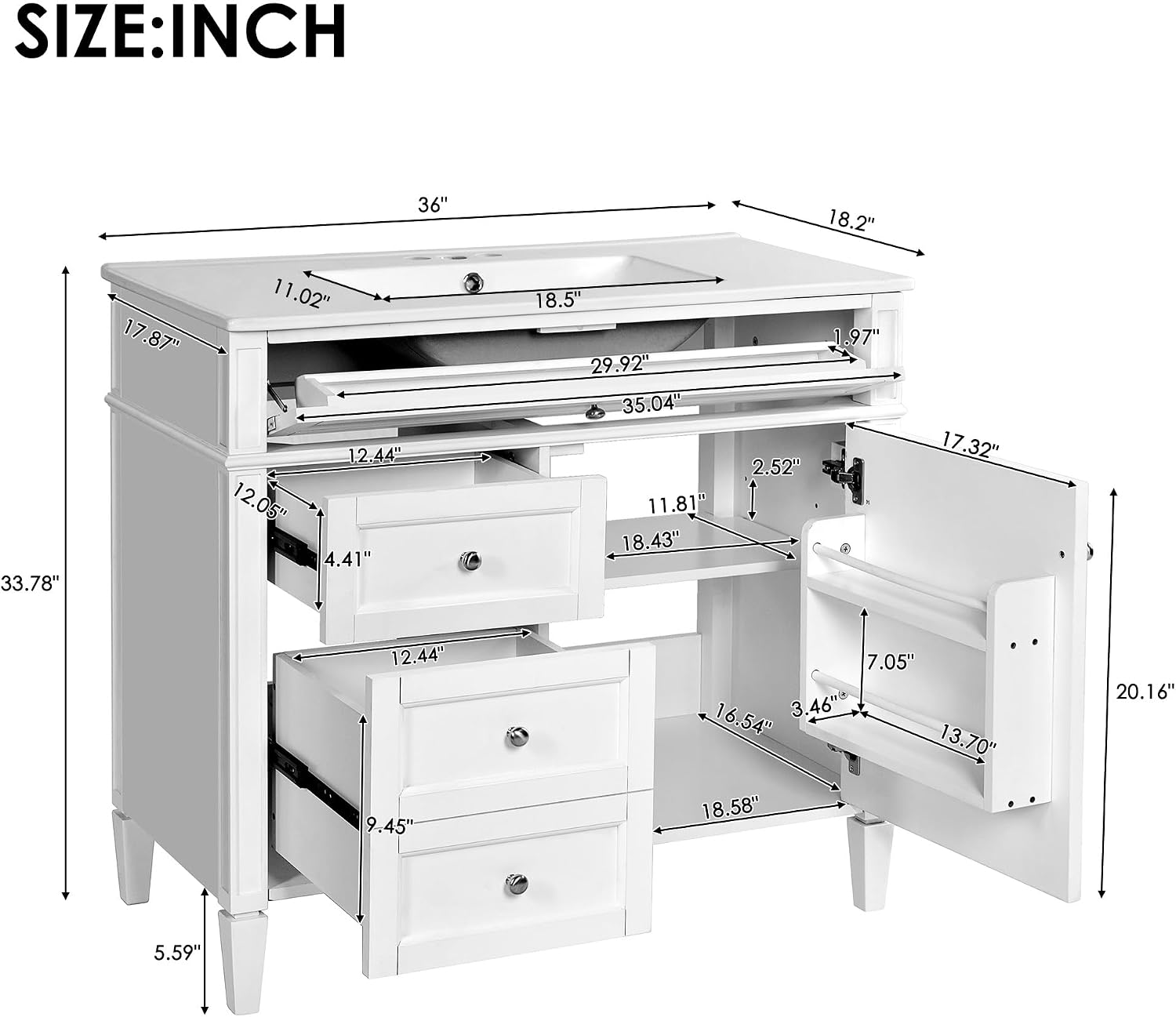 Merax 36 Inch Bathroom Vanity with Top Sink, Modern Bathroom Storage Cabinet with 2 Drawers and a Tip-Out Drawer, Solid Wood Frame Single Sink Bath Vanities, White