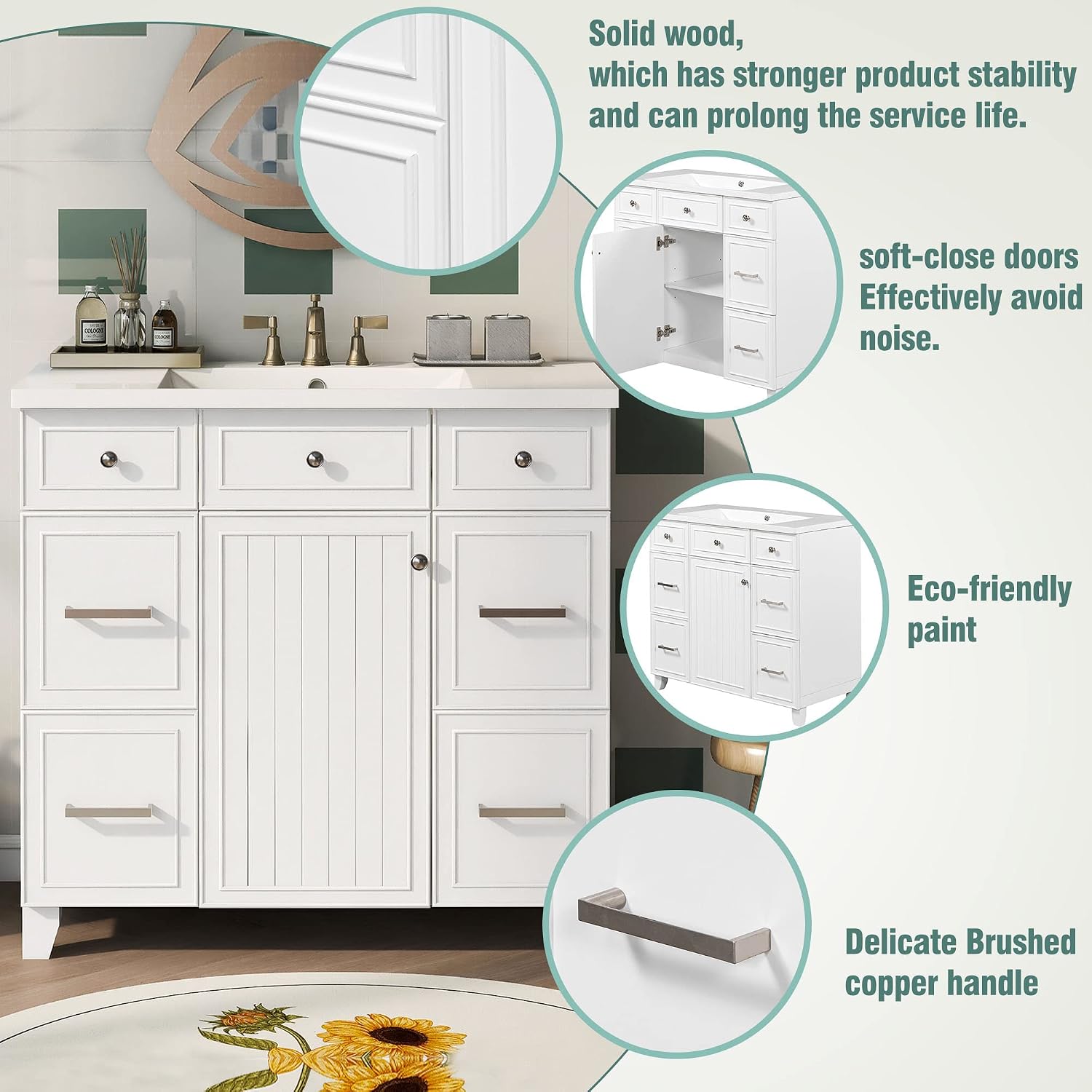 LUMISOL 36' Bathroom Vanity with Sink Top, Single Bathroom Cabinet with 3 Drawers & Soft-Closing Doors, Wooden Bathroom Vanity and Sink Combo, White