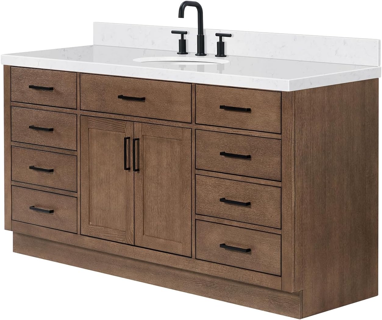 ARIEL Hepburn 66-inch Bathroom Vanity with Sink,Solid Wood, 1.5-inch Carrara White Quartz Countertop & Backsplash, Single Oval Porcelain Sink, 2 Soft Closing Doors, 9 Dovetail Drawers, Brown Oak