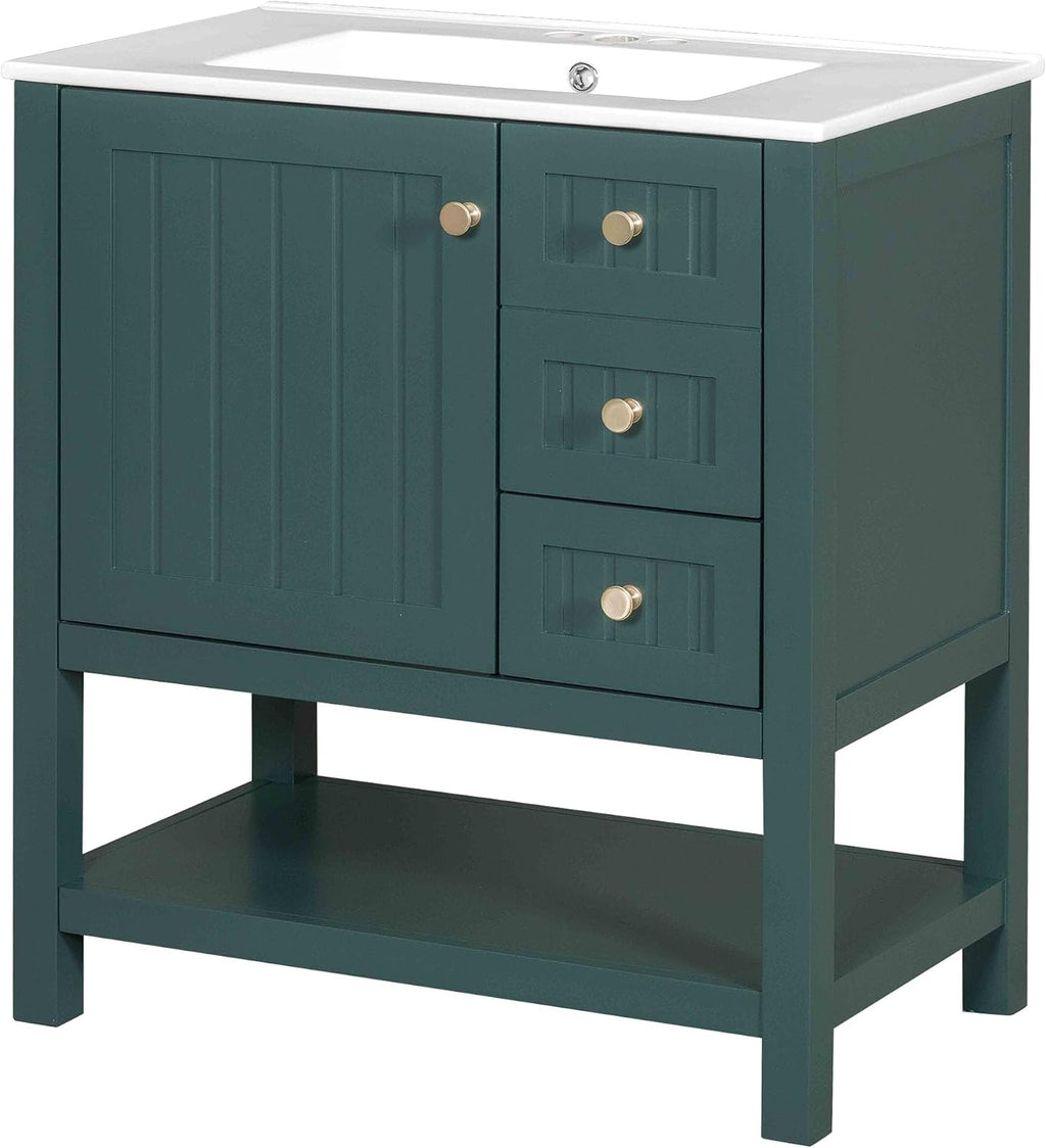 LUMISOL 30' Bathroom Vanity with Sink, Modern Bathroom Storage Vanity with 2 Drawers, Open Shelf & Storage Door, Solid Wood Bathroom Cabinet with Ceramic Sink, Green