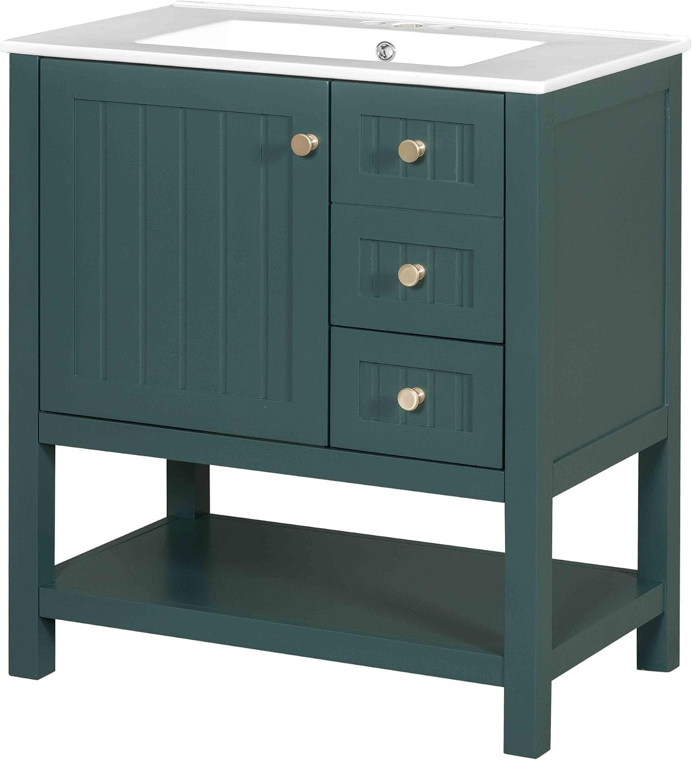LUMISOL 30' Bathroom Vanity with Sink, Modern Bathroom Storage Vanity with 2 Drawers, Open Shelf & Storage Door, Solid Wood Bathroom Cabinet with Ceramic Sink, Green