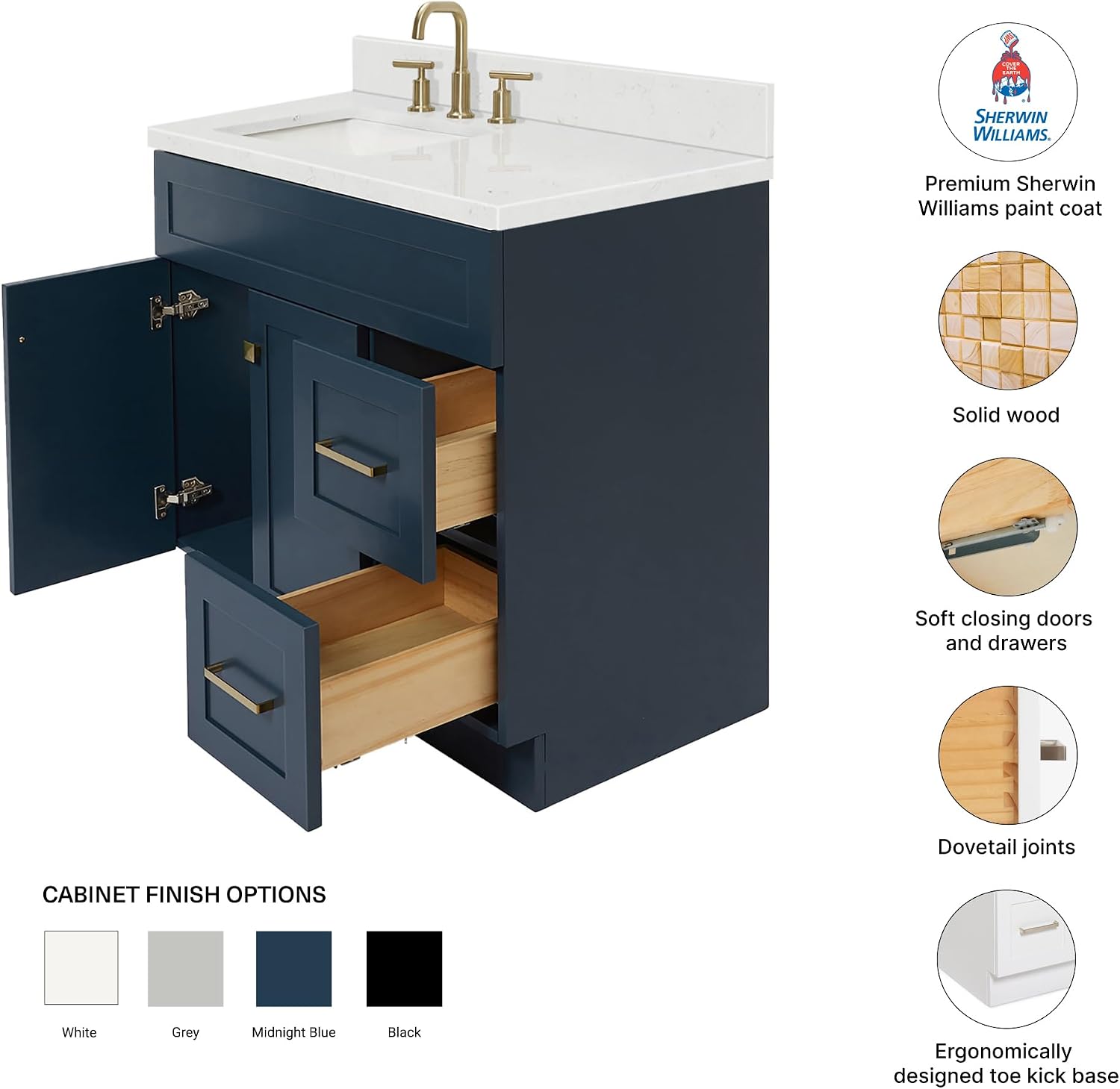 DKB Bradford 36' Midnight Blue Bathroom Vanity with Sink, 1.5' Edge Carrara Quartz Countertop, Rectangular Undermount Sink, 2 Soft-Closing Doors, 2 Dovetail Drawers