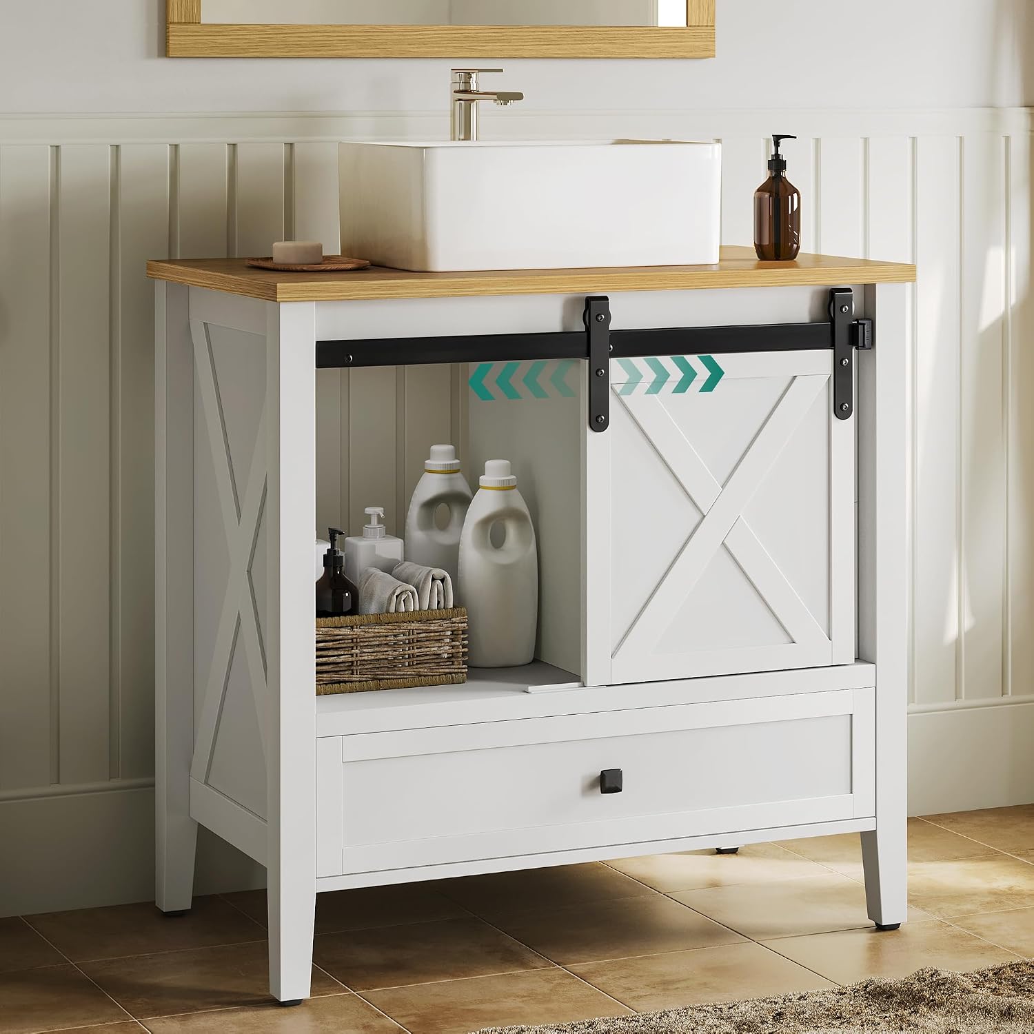 DWVO 36' Farmhouse Bathroom Vanity with Sink Combo, Barn Door Bathroom Storage Cabinet with Sliding Door & 3 Drawers, Ceramic Vessel Sink Top, White