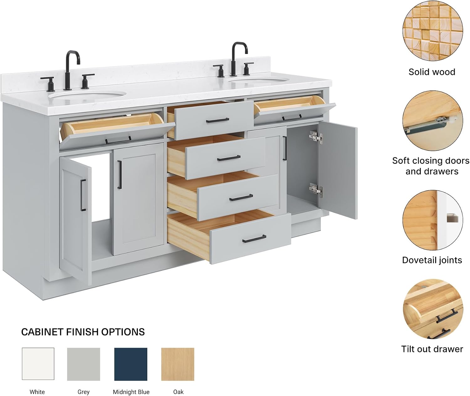 ARIEL Hepburn 72-inch Bathroom Vanity with Sink,Solid Wood, 1.5-inch Carrara White Quartz Countertop & Backsplash, Double Oval Porcelain Sink, 4 Soft Closing Doors, 6 Dovetail Drawers, Grey