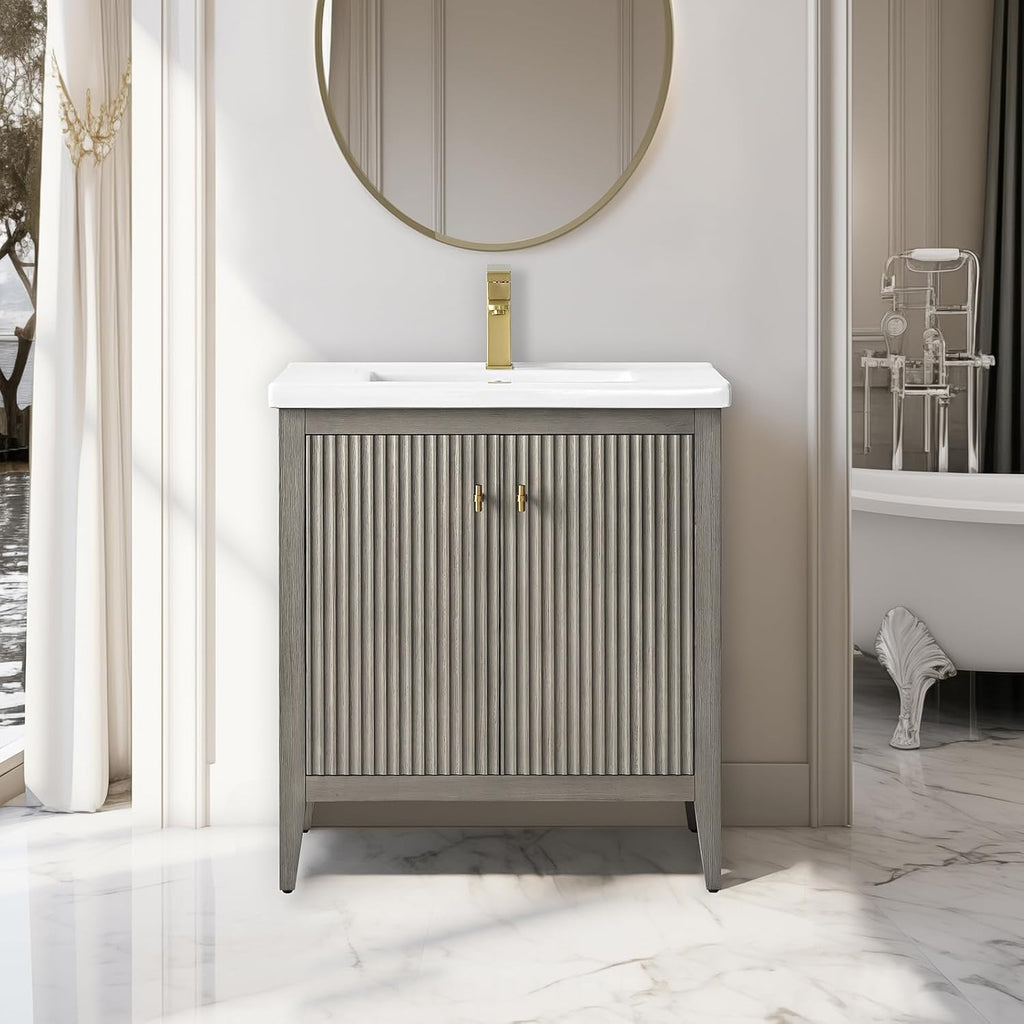 Vanity Art 30 inch Bathroom Vanity with Single Sink & Ceramic Top, Vanity Cabinet with Soft-Closing Door, Solid Wood Frame, Linear Pattern, Driftwood Gray, Golden Brushed Handware VA9130-DG-GB