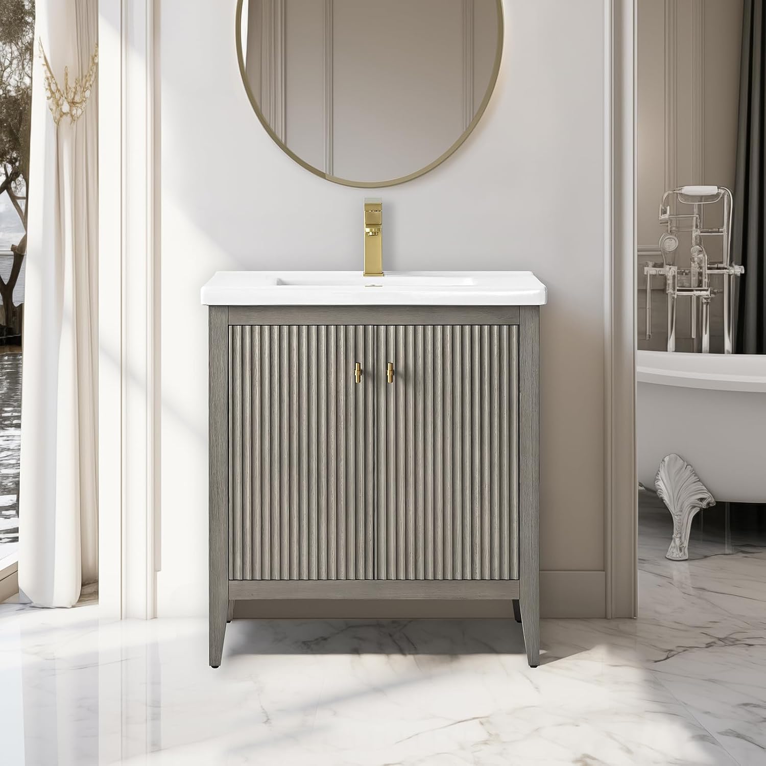 Vanity Art 30 inch Bathroom Vanity with Single Sink & Ceramic Top, Vanity Cabinet with Soft-Closing Door, Solid Wood Frame, Linear Pattern, Driftwood Gray, Golden Brushed Handware VA9130-DG-GB