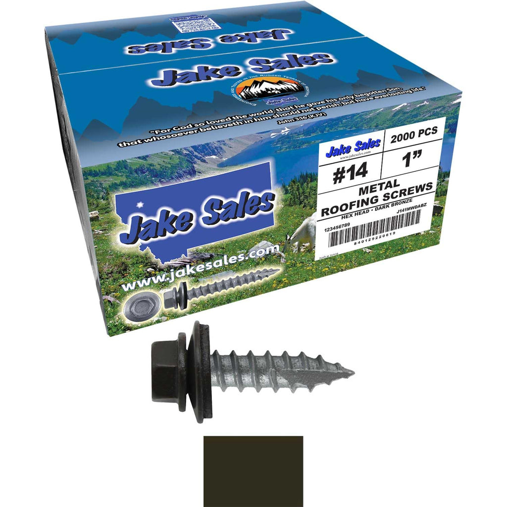 14 x 1 Dark Bronze Metal Roofing Screws - Hex Washer Head- Self-Starting/Tapping - EPDM Washer. 8 X 250 Bags - 2,000 Screws