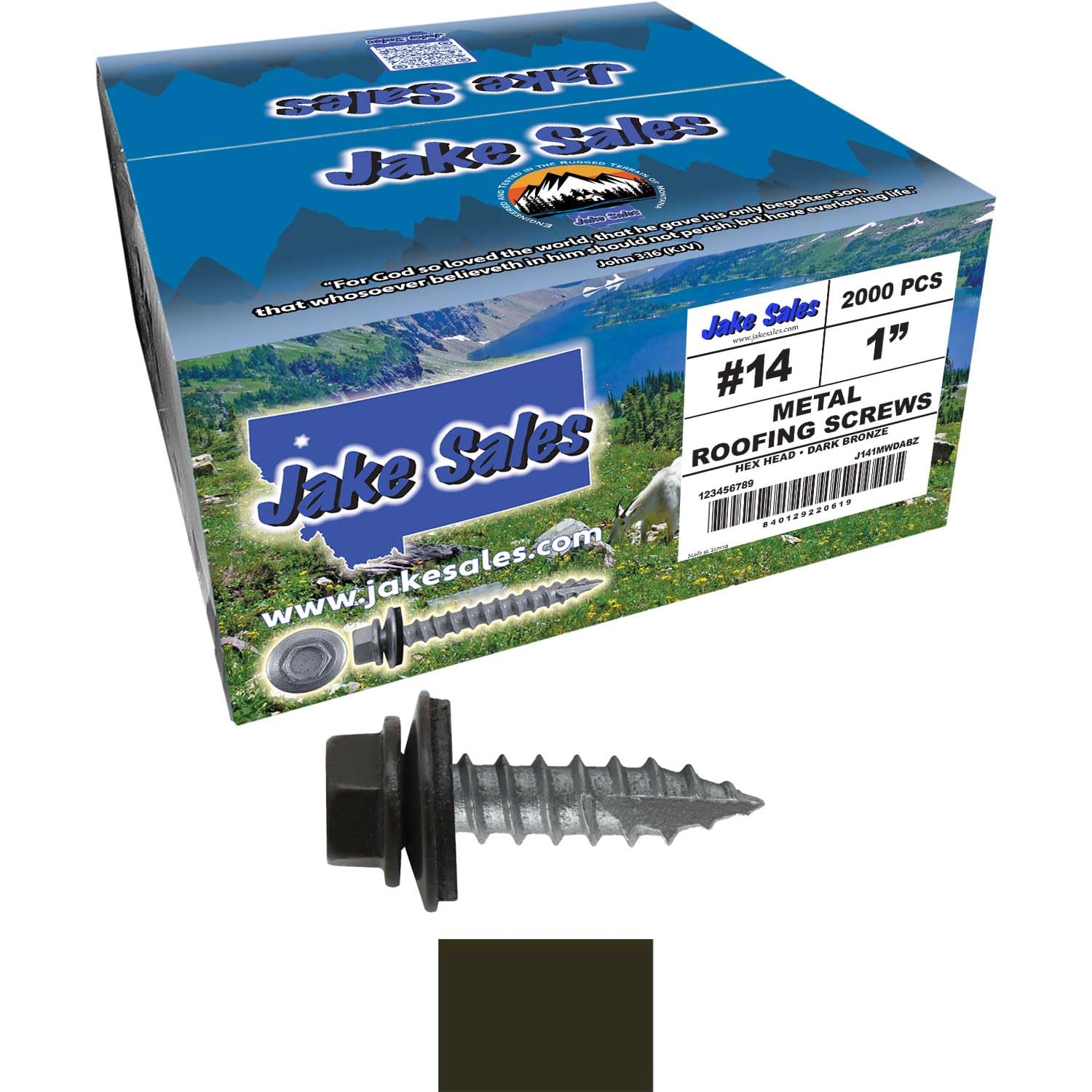 14 x 1 Dark Bronze Metal Roofing Screws - Hex Washer Head- Self-Starting/Tapping - EPDM Washer. 8 X 250 Bags - 2,000 Screws