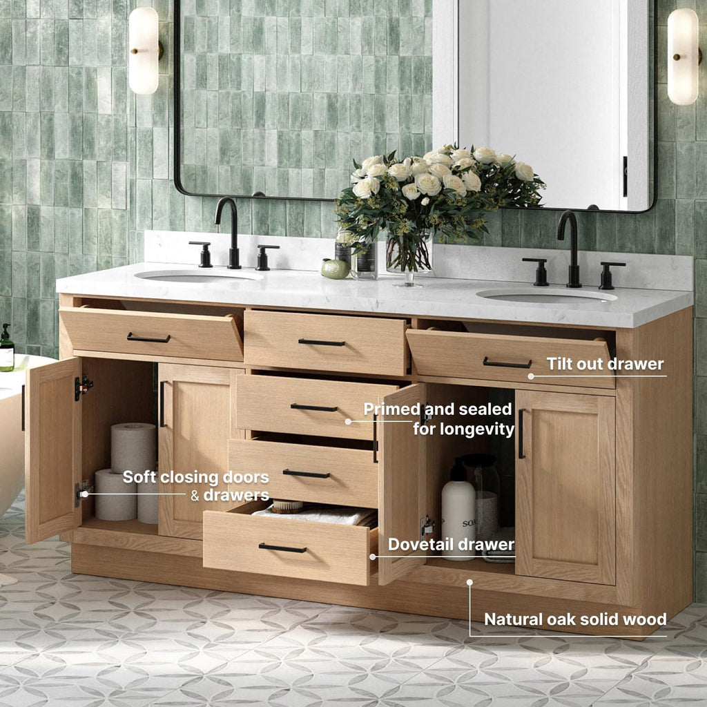 ARIEL Hepburn 72-inch Bathroom Vanity with Sink,Solid Wood, 1.5-inch Carrara White Quartz Countertop & Backsplash, Double Oval Porcelain Sink, 4 Soft Closing Doors, 6 Dovetail Drawers, White Oak