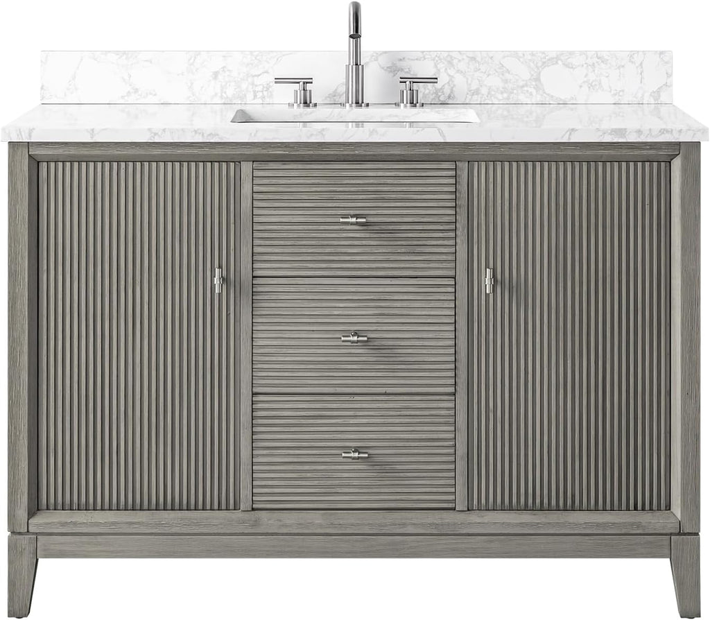 Vanity Art 48' Bathroom Vanity with Single Sink & Arabescato White Engineered Stone Top, Vanity Cabinet with Soft Closing Door, Solid Wood Frame, Brushed Nickel Handles, Driftwood Gray VA8148-DG-BN