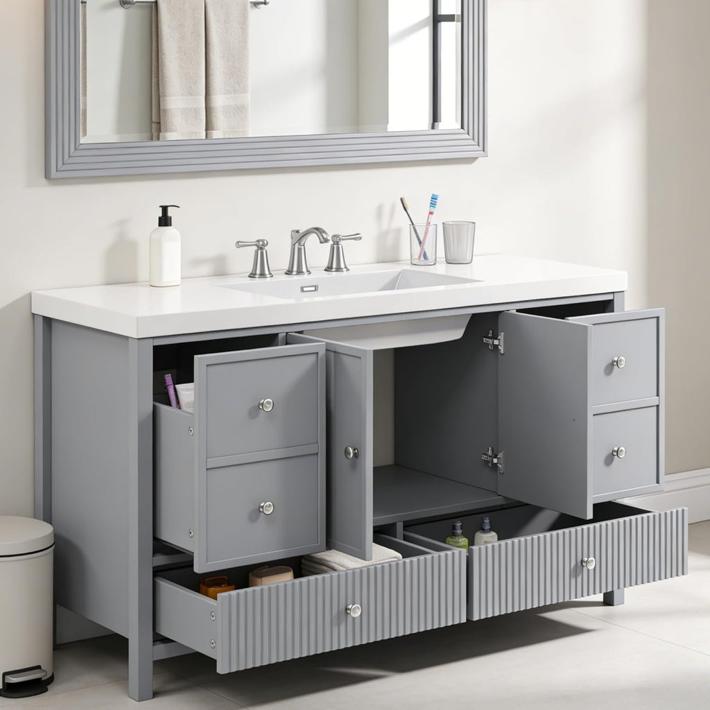 Merax 60 Inch Bathroom Vanity with Sink, Modern Freestanding Storage Cabinet with Soft Close Doors and 4 Drawers, Large Bathroom Furniture, Engineered Marble Top, Grey