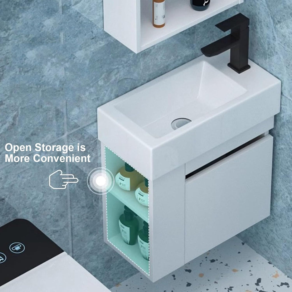 Jcgly Bathroom Vanity Sink Combo for Narrow Small Space, Wall Mounted Cabinet Set White Ceramic Basin Sink Top with Frosted Black Cold Hot Faucet and Drain (Color : Right Faucet, Size : 49x25x54cm)