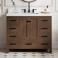 ARIEL Cambridge 42-inch Bathroom Vanity with Sink,Solid Wood, 1.5-inch Carrara White Quartz Countertop, Single Rectangular Porcelain Sink, 2 Soft Closing Doors, 9 Dovetail Drawers, Brown Oak