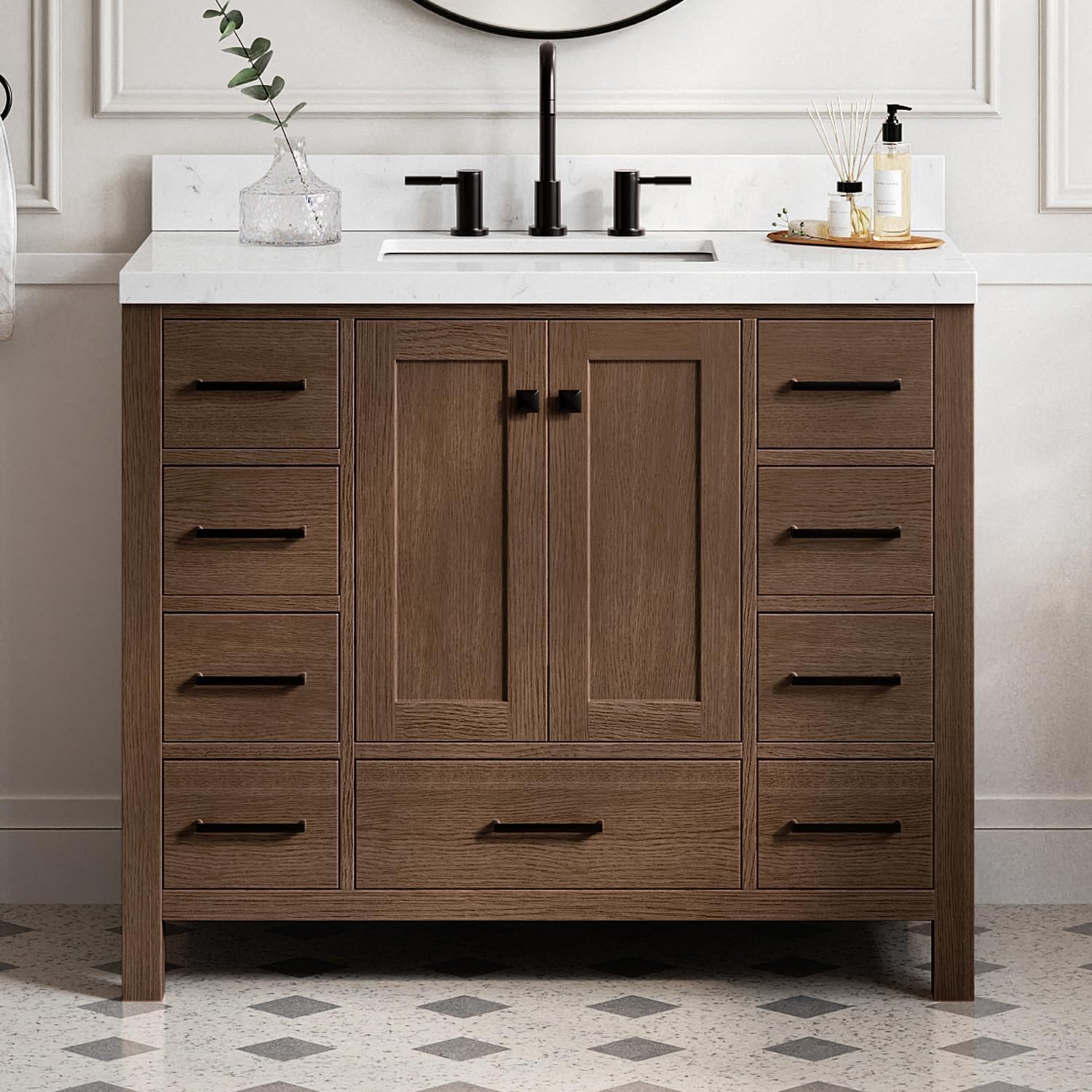 ARIEL Cambridge 42-inch Bathroom Vanity with Sink,Solid Wood, 1.5-inch Carrara White Quartz Countertop, Single Rectangular Porcelain Sink, 2 Soft Closing Doors, 9 Dovetail Drawers, Brown Oak