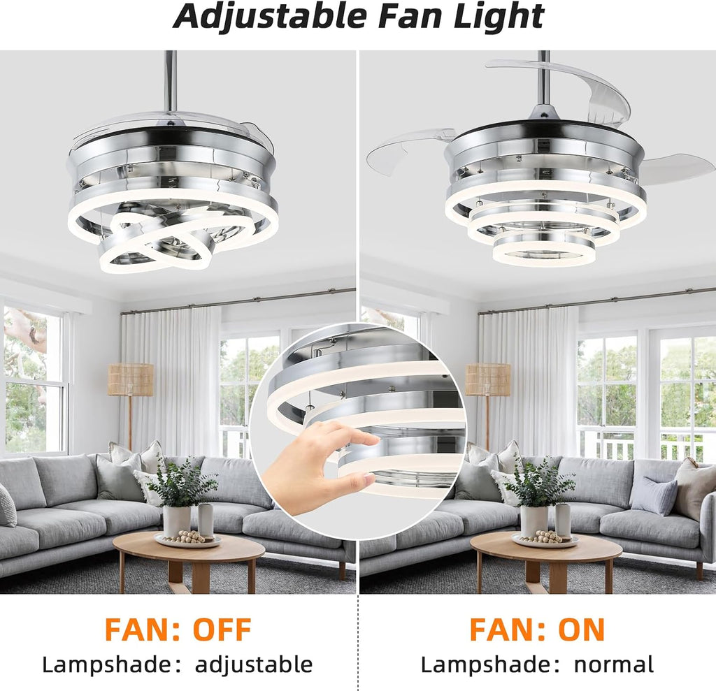 36 Inch Retractable Ceiling Fan with Lights,Dimmable,6 speeds,DC Motor,Modern DIY Ceiling Fan with Lights Remote Control for Bedroom Living Room Kitchen (Silver, 36 inch)