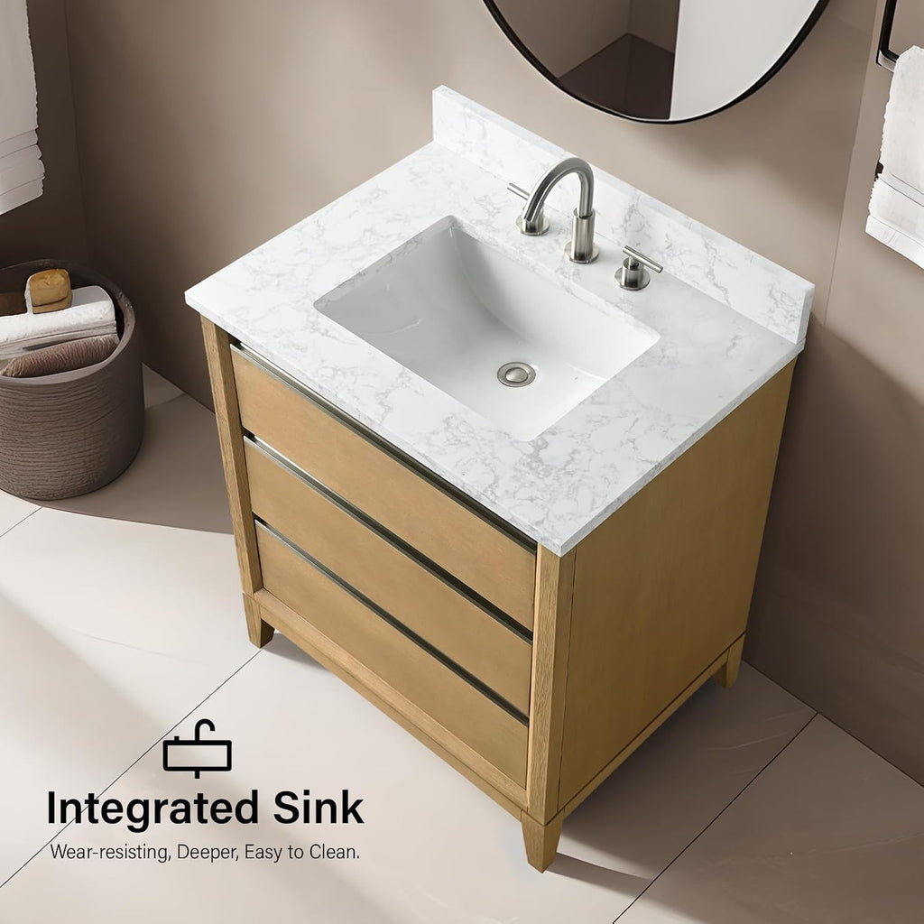 HOMEBEYOND 30 Inch Bathroom Vanity with Sink & Ceramic Top, Vanity Cabinet with Solid Wood Frame, Soft-Closing Doors, Drawers, Natural Oak